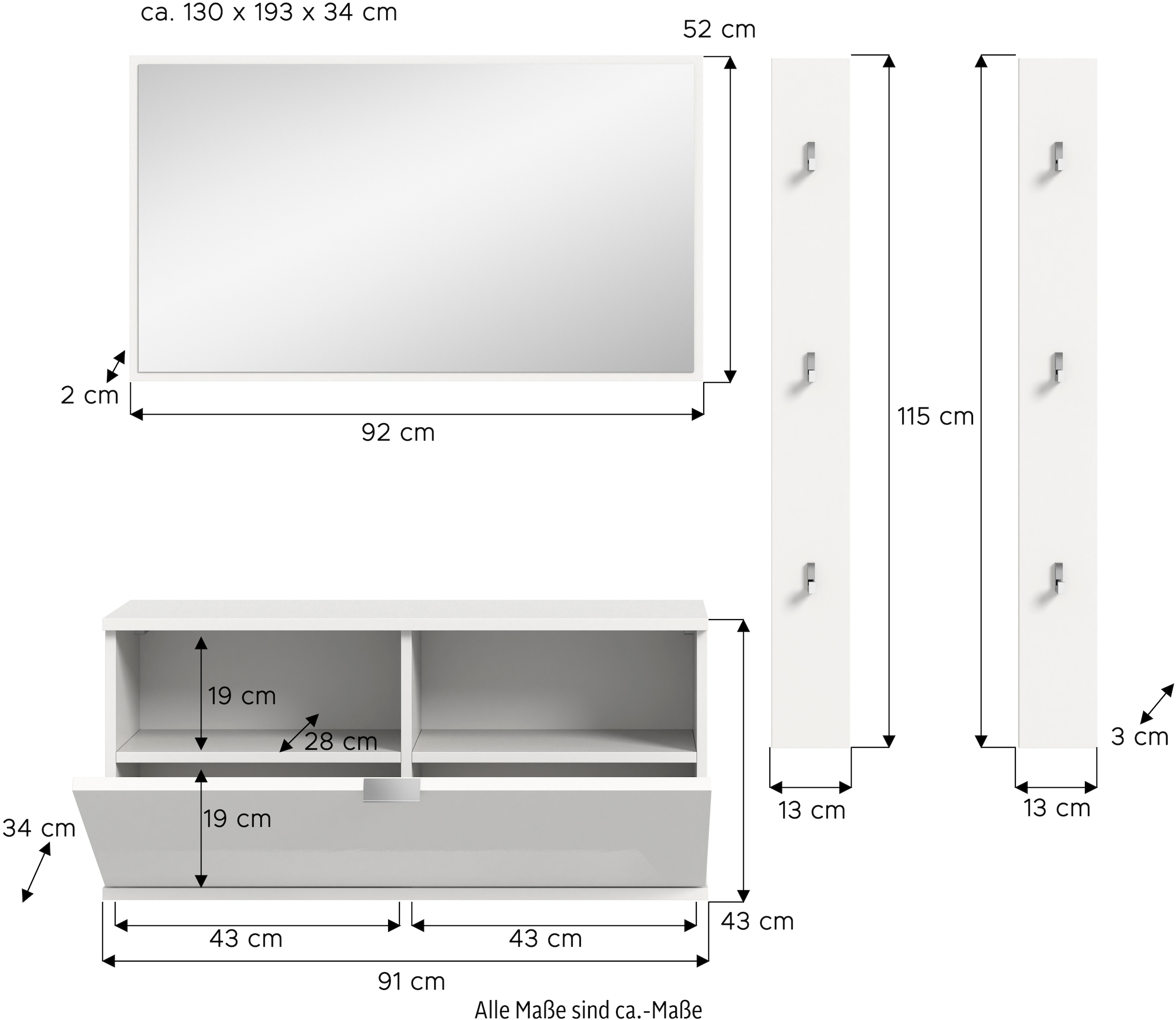 INOSIGN Garderoben-Set, (3 St.), Trondheim, Garderobenset 3-tlgBreite 130 cm, Flur, Diele, Kombination