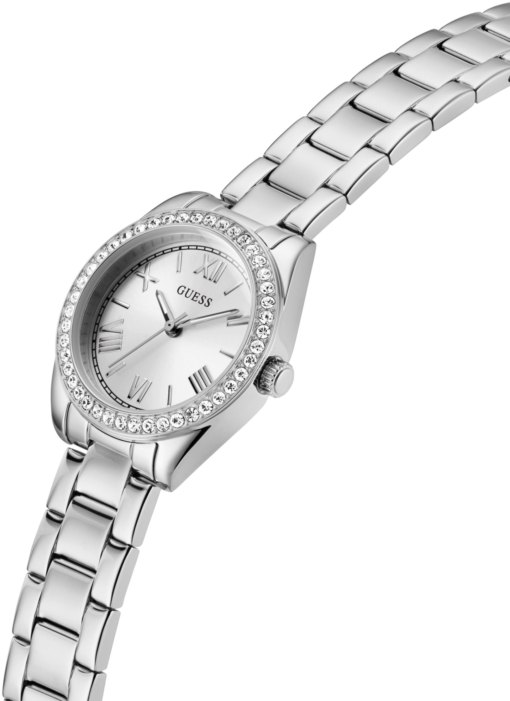 Guess Quarzuhr »MINI LUNA GLITZ«, Armbanduhr, Damenuhr, Edelstahlarmband, analog, Kristallsteine