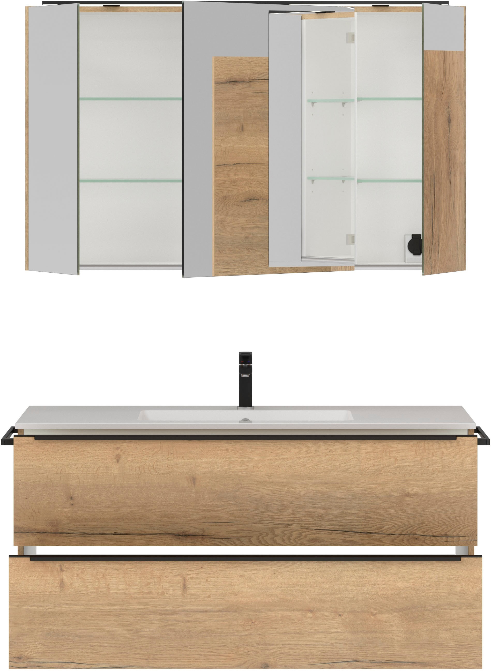 nobilia® Badmöbel-Set »Levere«, (2 St., vormontiert, mit Soft-Close), inkl. Spiegelschrank mit Beleuchtung und Dimmerfunktion, in 4 Breiten