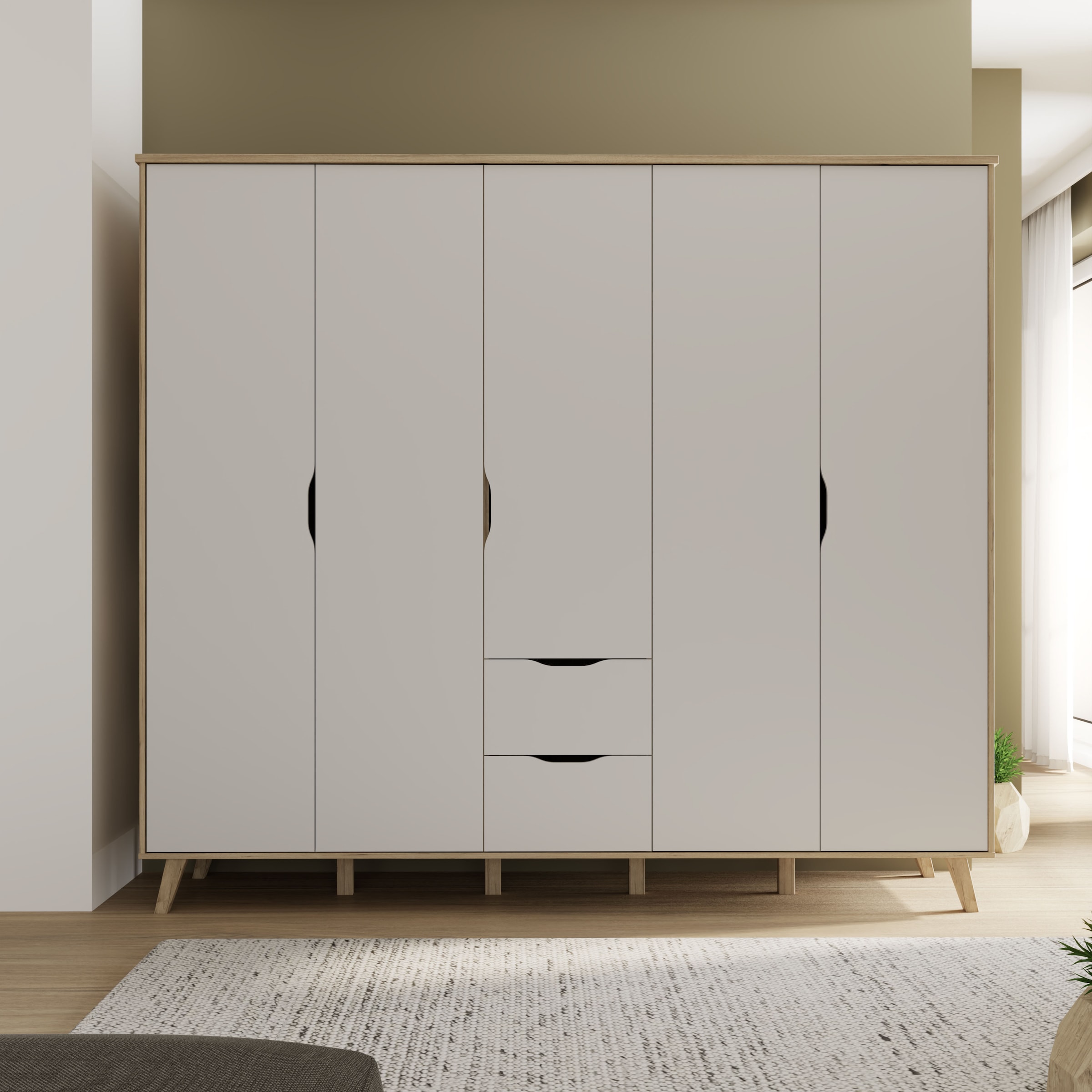 FORTE Kleiderschrank »Vankka, Drehtürenschrank, Viel Stauraum, skandinavischer Stil« Made in Europe, mit Einlegeböden+Kleiderstangen+Schubladen,grifflos
