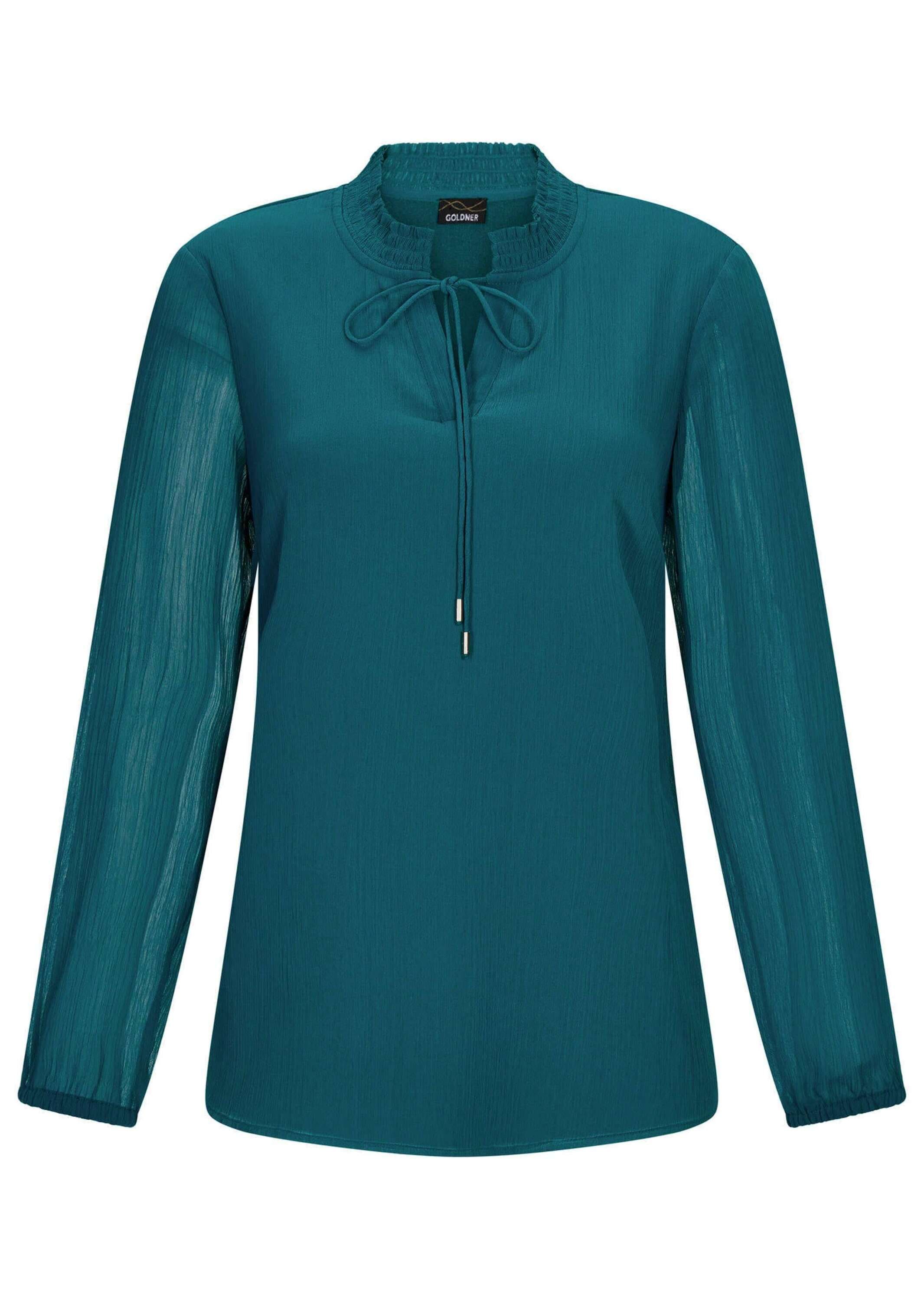 Chiffonbluse GOLDNER "Elegante Jersey-Bluse mit Rundhals", Damen, Gr. 44, grün (petrol), Obermaterial: 100% Polyester PES., Modisch, figurumspielend, Gummibündchen, Blusen Chiffonbluse, Gummibund