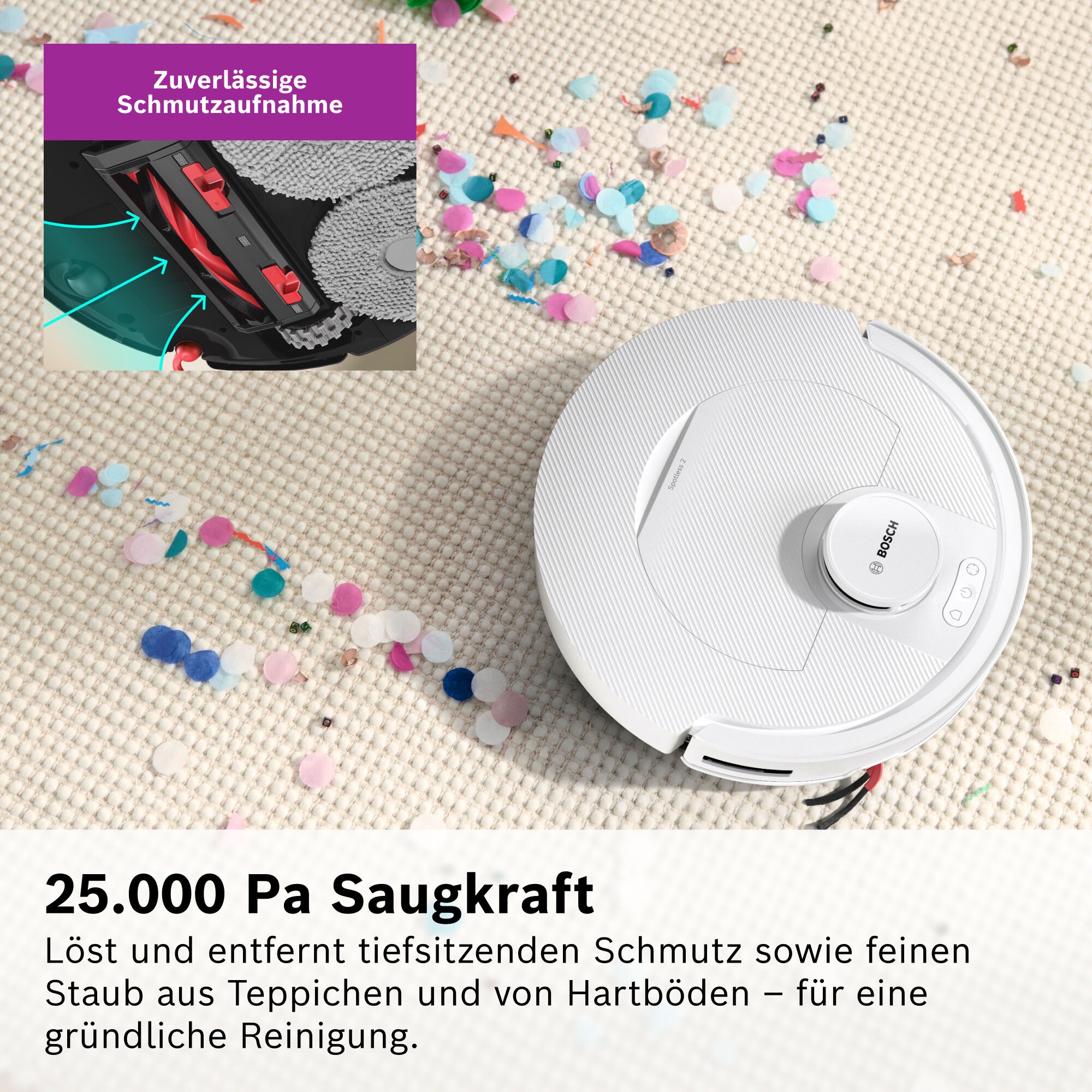 BOSCH Saugroboter »mit Wischfunktion Spotless 2 BCR2S1B/BCR2S1W, 25.000 Pa Saugkraft« Selbstreinigung, Nass-Trocken-Servicestation, rotierende Pads