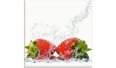 Glasbild »Erdbeeren mit Spritzwasser«, Lebensmittel, (1 St.)