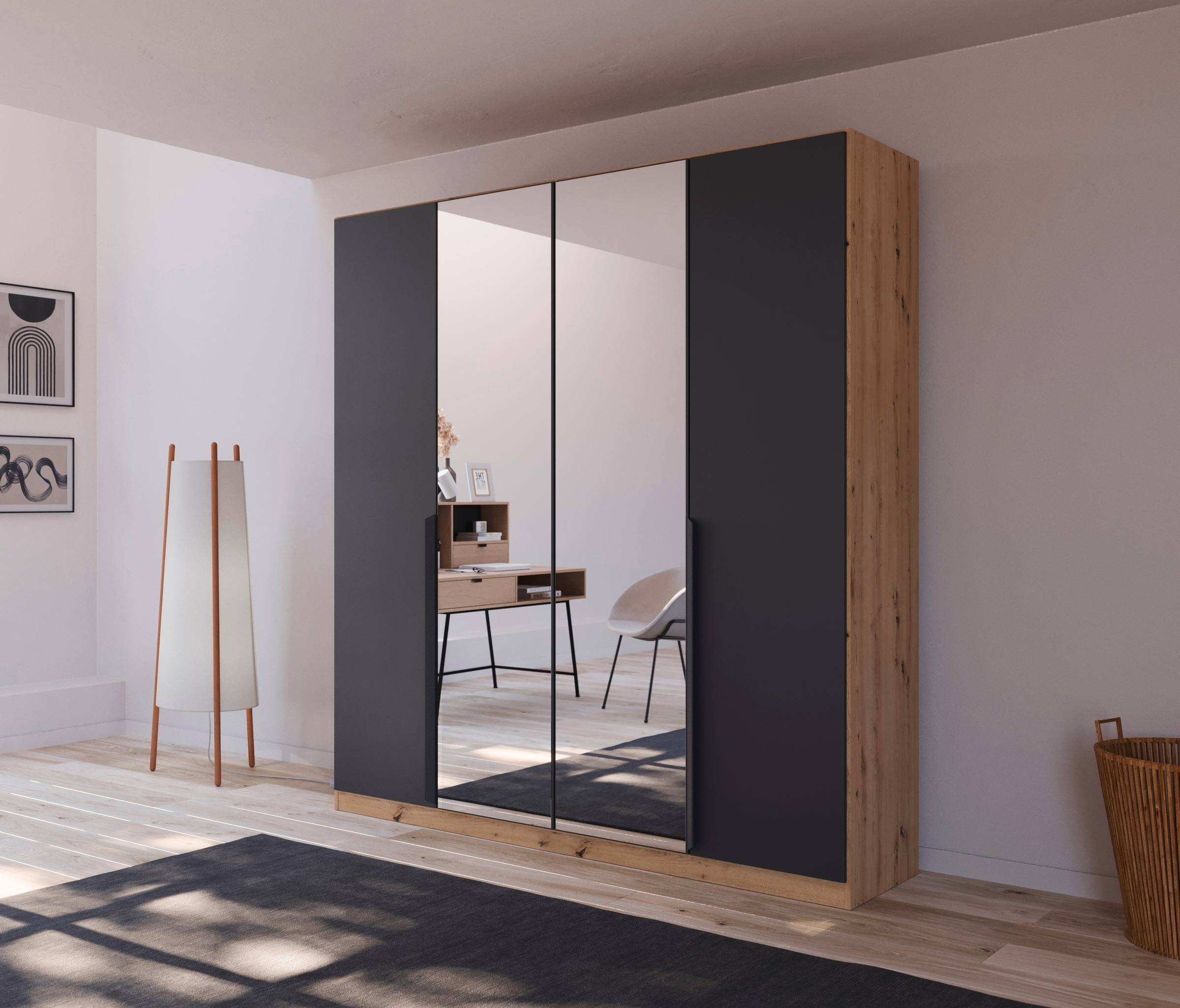 rauch Drehtürenschrank »Dark&Wood by Quadra Spin«, im Industrial Style mit Metallgriffstangen, mit Spiegel