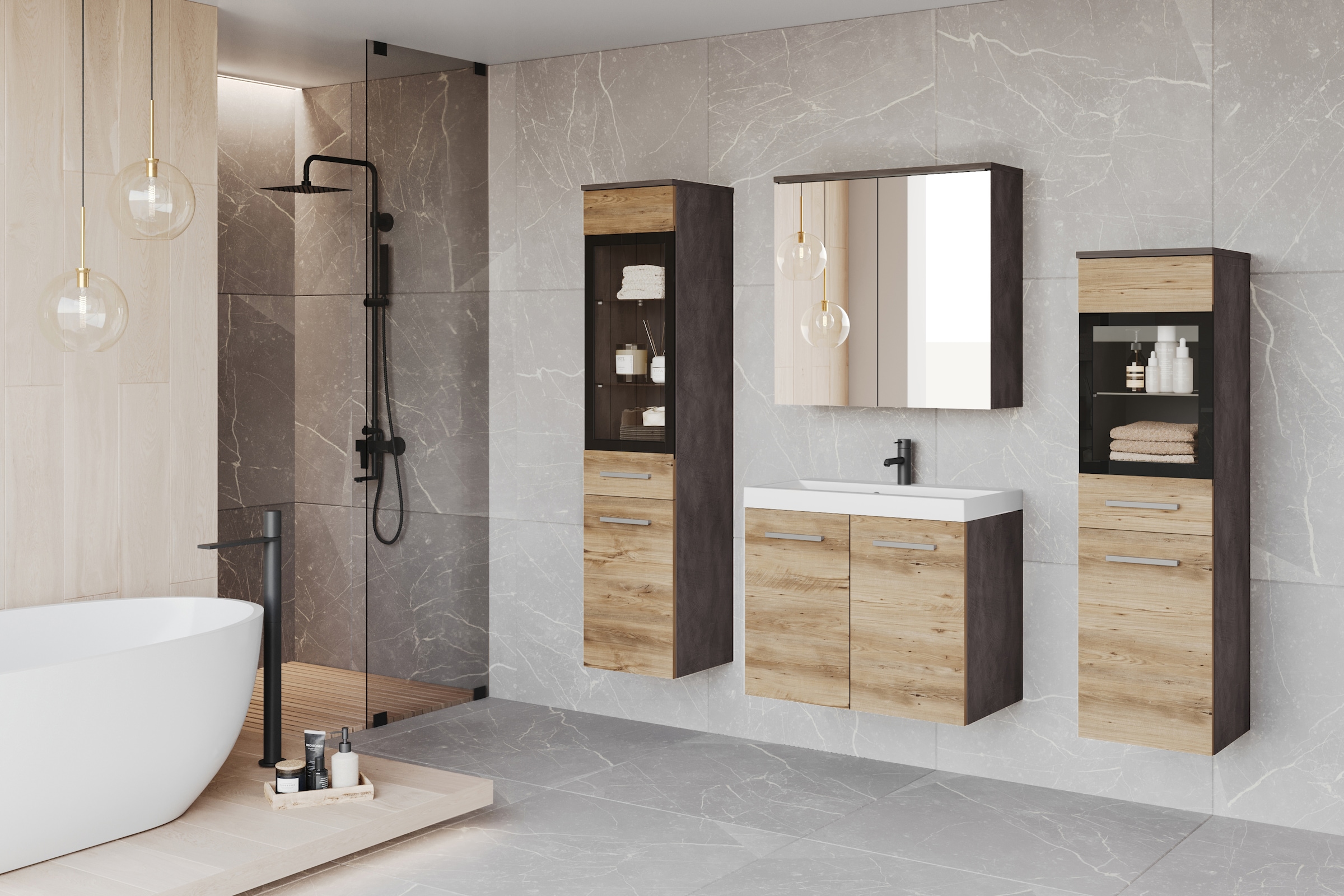 welltime Badmöbel-Set »MADRIT II, Schrank mit Waschbecken, 2 Hänger, Spiegelschrank«, (Komplett-Set, 5 St.), Hängende Badmöbel mit Glaseinsätzen – in vielen Farben erhältlich