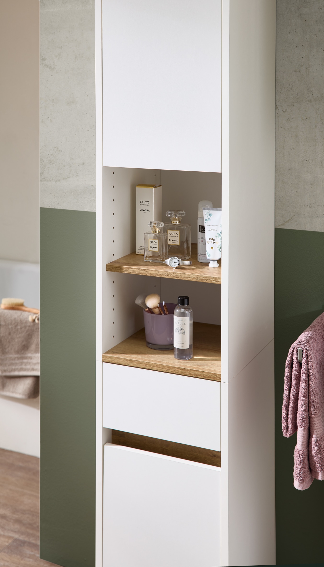 Saphir Hochschrank »Hochschrank Quickset 100, Badschrank 32,4 cm, 2 Türen und 1 Schublade«, 3 Einlegeböden, 2 offene Fächer, Badezimmer-Hochschrank, Akzentfuge
