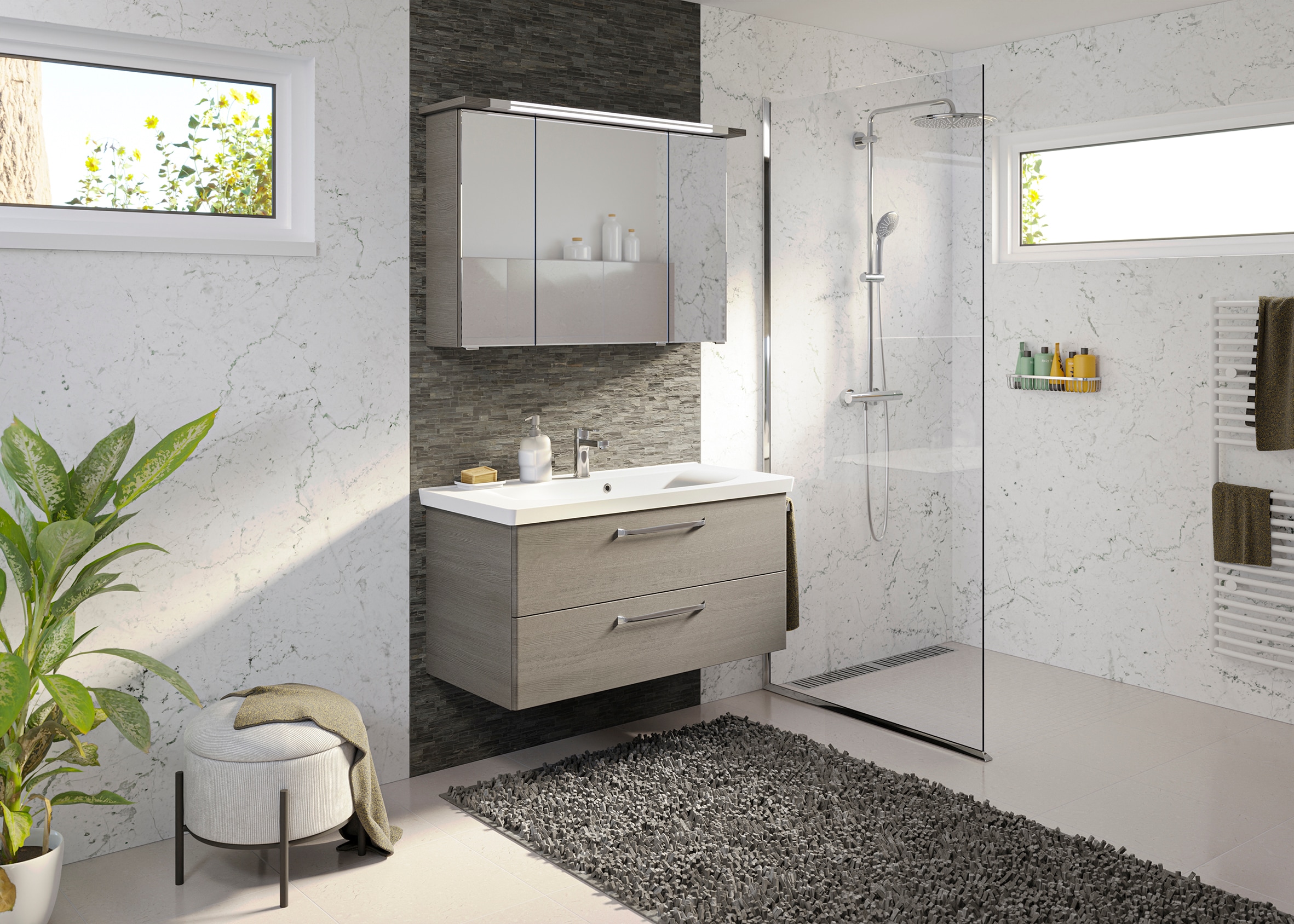Saphir Badmöbel-Set »Trentino 2-tlg Mineralmarmor-Waschtisch, Spiegelschrank mit LED-Profil«, (3 St.), Badmöbel-Set 110cm breit, inkl. Türdämpfer, 3 Türen, 2 Auszügen