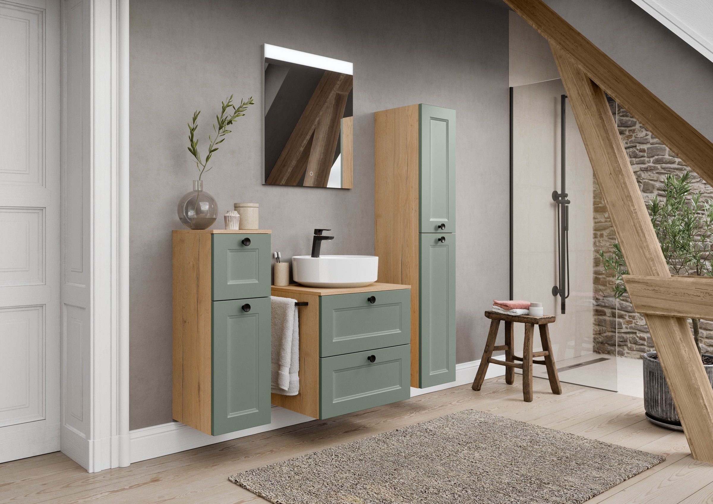 nobilia® Badmöbel-Set »Cascada« Set, inkl.  Aufsatzwaschbecken und beleuchtetem  Spiegel mit Touch-Sensor, 4 Stk. tlg.