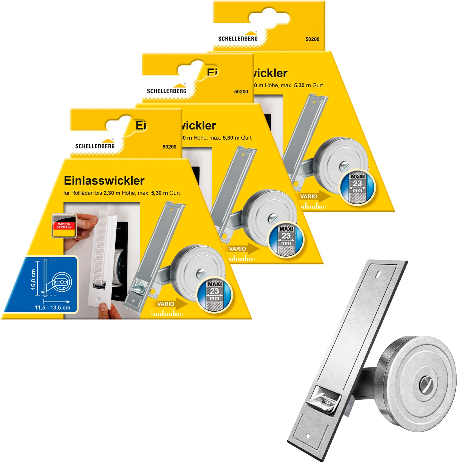 SCHELLENBERG Einlass-Gurtwickler "für das Rollladensystem Maxi, Lochabstand 16 cm, Unterputz-Montage" Set, 3 Stk. tlg. für Rollladengurte mit 23 mm Breite