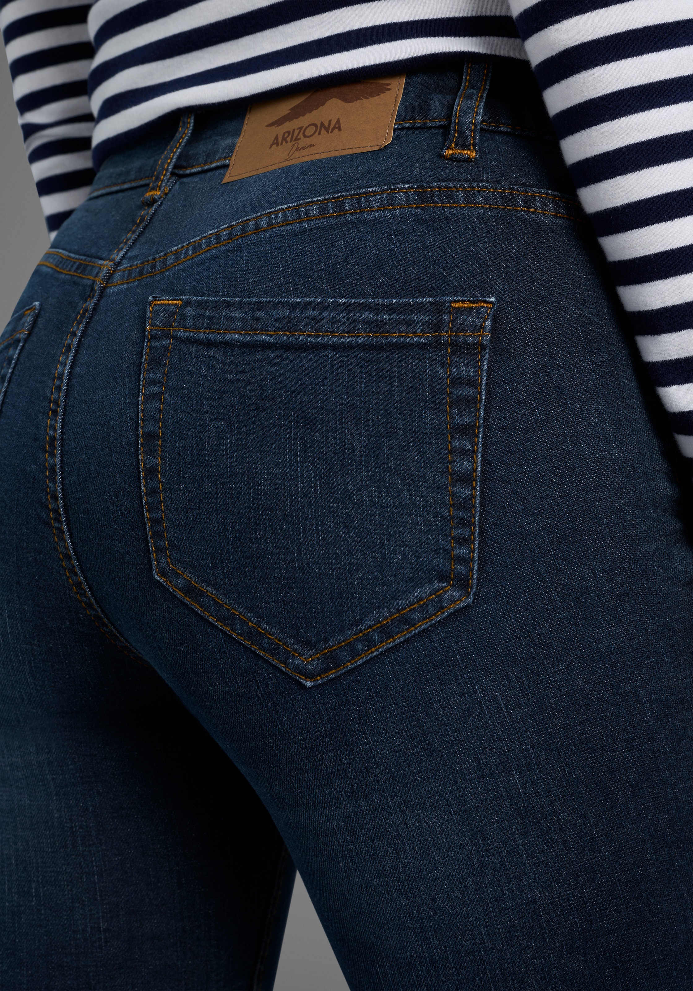 Slim-fit-Jeans ARIZONA "Bund mit seitlichem Gummizugeinsatz", Damen, Gr. 52, N-Gr, blau (dunkelblau us), Denim/Jeans, Obermaterial: 98% Baumwolle, 2% Elasthan, Basic, slim fit lang, Jeans Slim-fit-Jeans, schmale Passform, Röhrenjeans, Used-Waschung, hohe  2