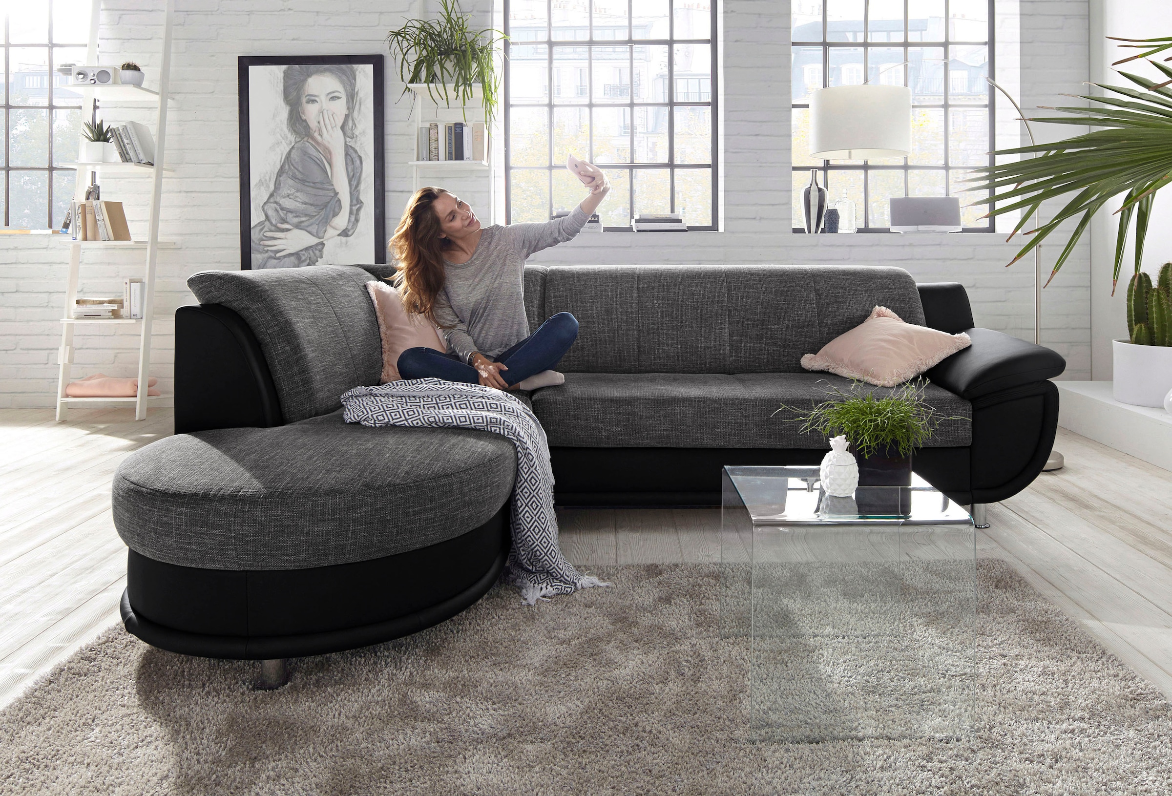 TRENDMANUFAKTUR Ecksofa »Rondo 3, zeitlos und bequem, Materialmix, breite Armlehnen, L-Form«, wahlweise mit Federkern für mehr Komfort, wahlweise mit Bettfunktion