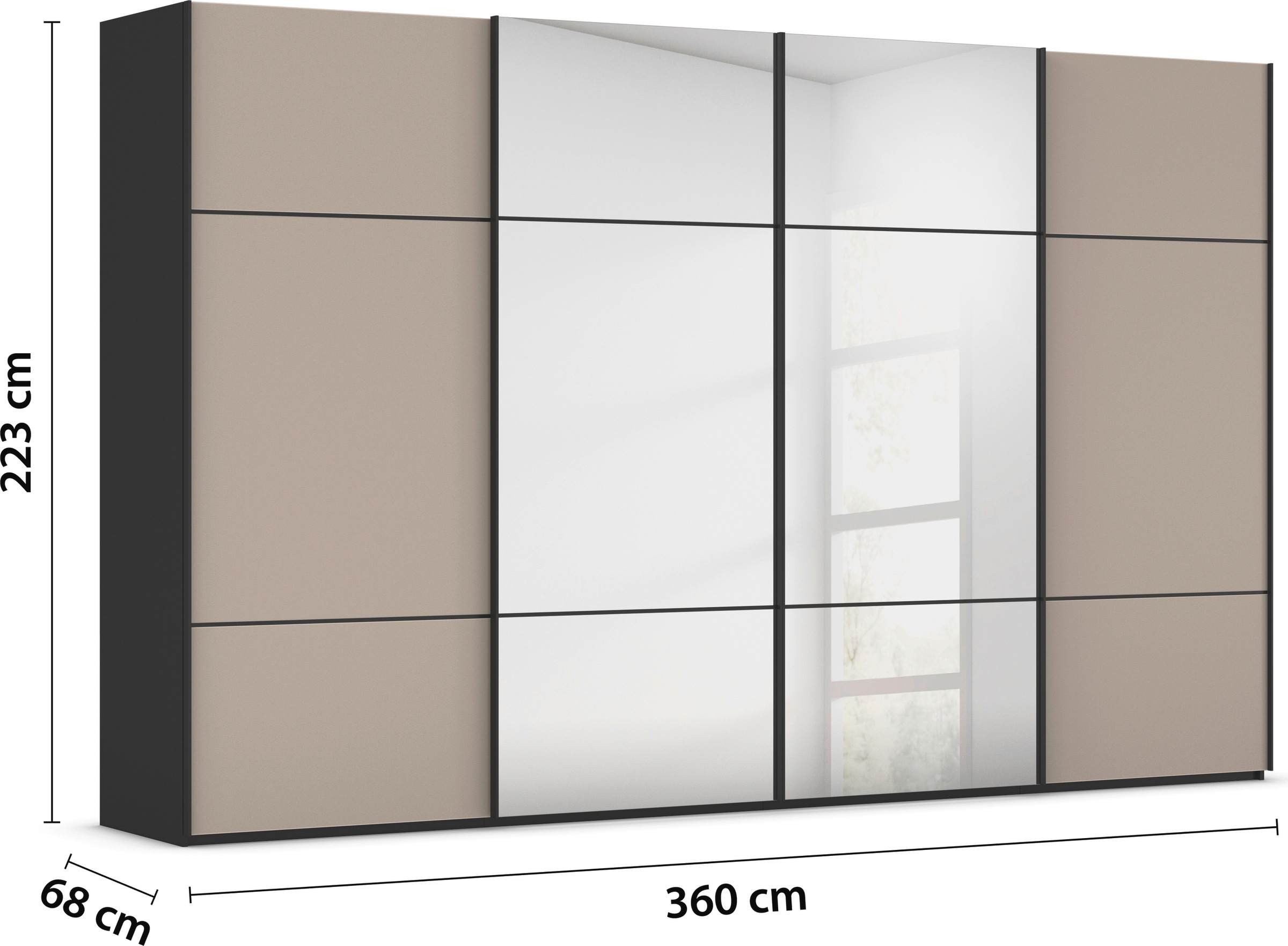 rauch Schwebetürenschrank »Kleiderschrank Schrank Garderobe Schlafzimmerschrank SCALE-TRIO«, edle dreigeteilte Front mit 2 Zierleisten Spiegel/Glas MADE IN GERMANY