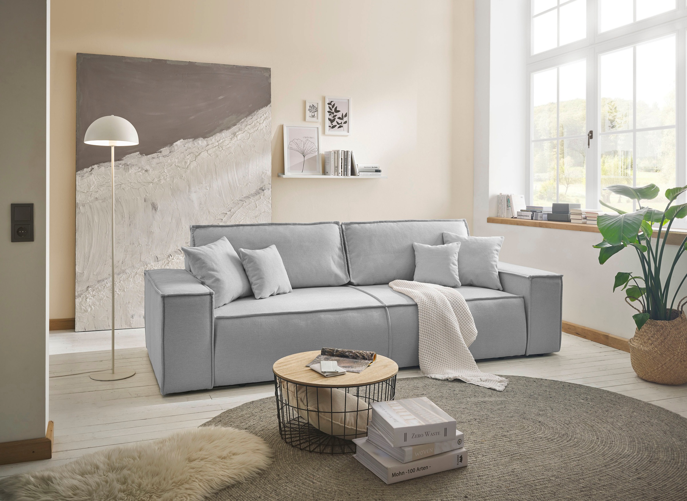 andas 3-Sitzer »FINNLEY Schlafsofa 257 cm, Schlaffunktion mit Bettkasten (200/136cm)«, in Aqua Clean-Bouclé, Struktur fein u. Cord