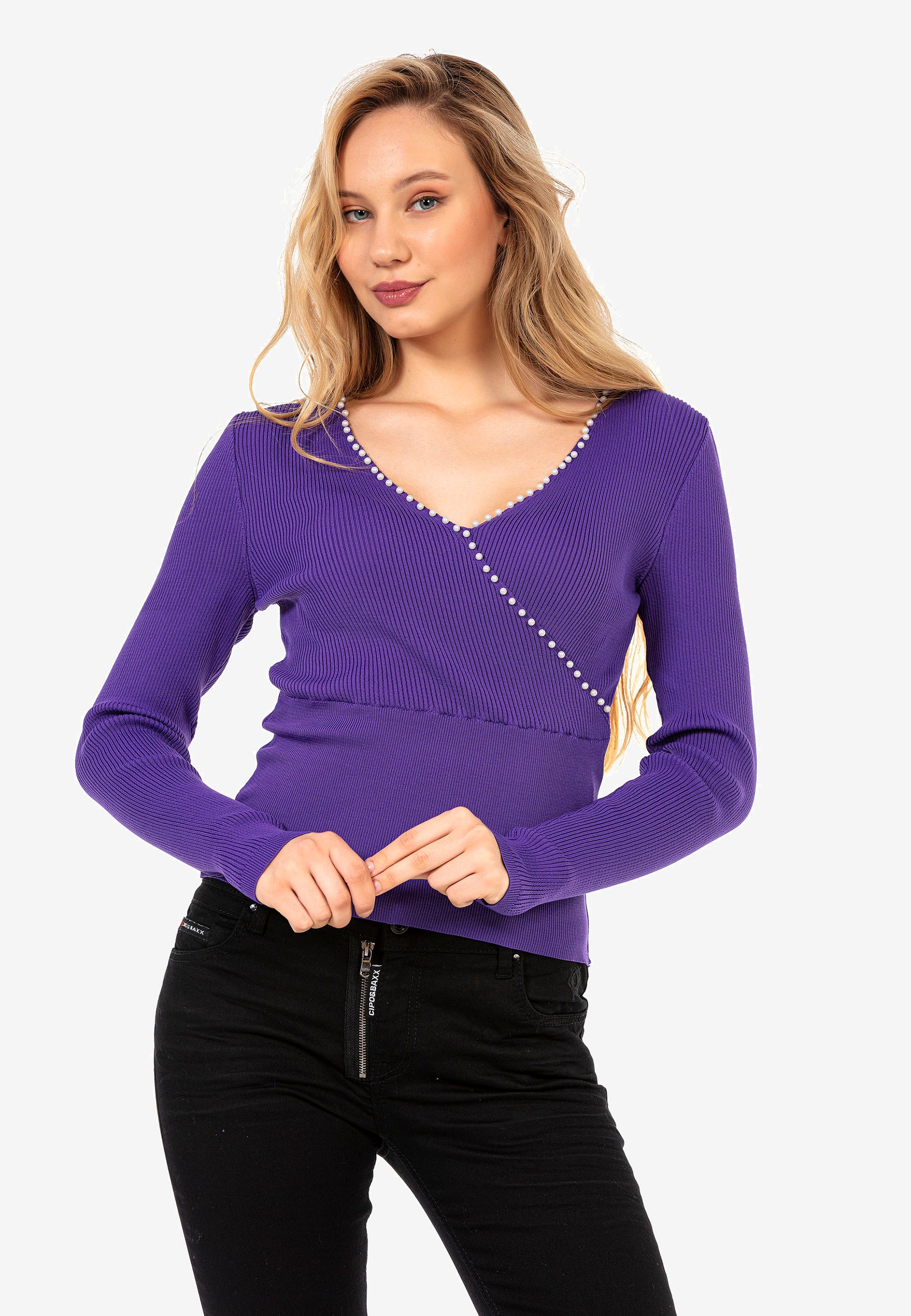 Cipo & Baxx Strickpullover mit dekorativem Perlen-Besatz