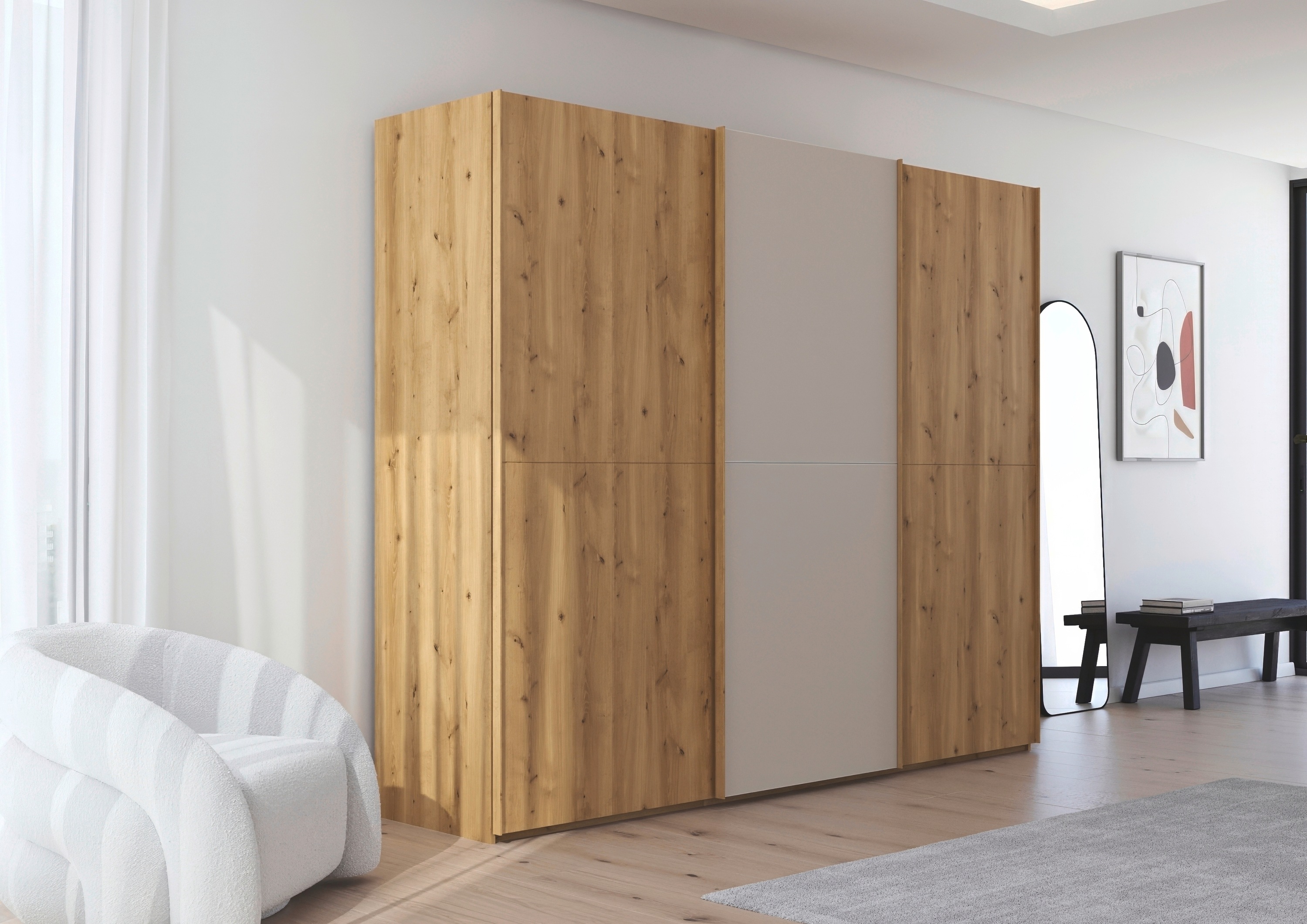 Thumbnail - rauch Schwebetürenschrank "Kleiderschrank Schrank Garderobe Schlafzimmerschrank SCALE-WOOD", edle geteilte Front in mass...