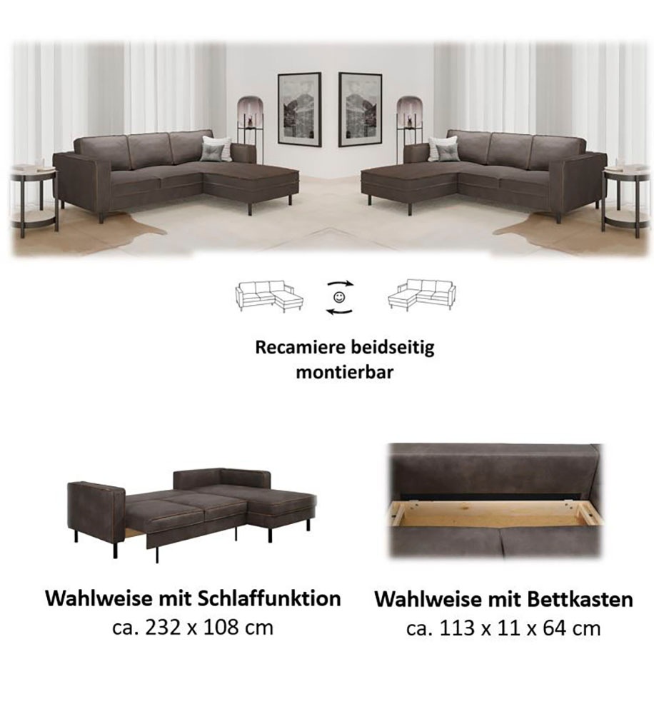 Places of Style Ecksofa »Watkins, wahlweise mit Schlaffunktion/Bettkasten, moderne offene Naht«, Recamiere beidseitig montierbar, L-Form, Breite 232 cm