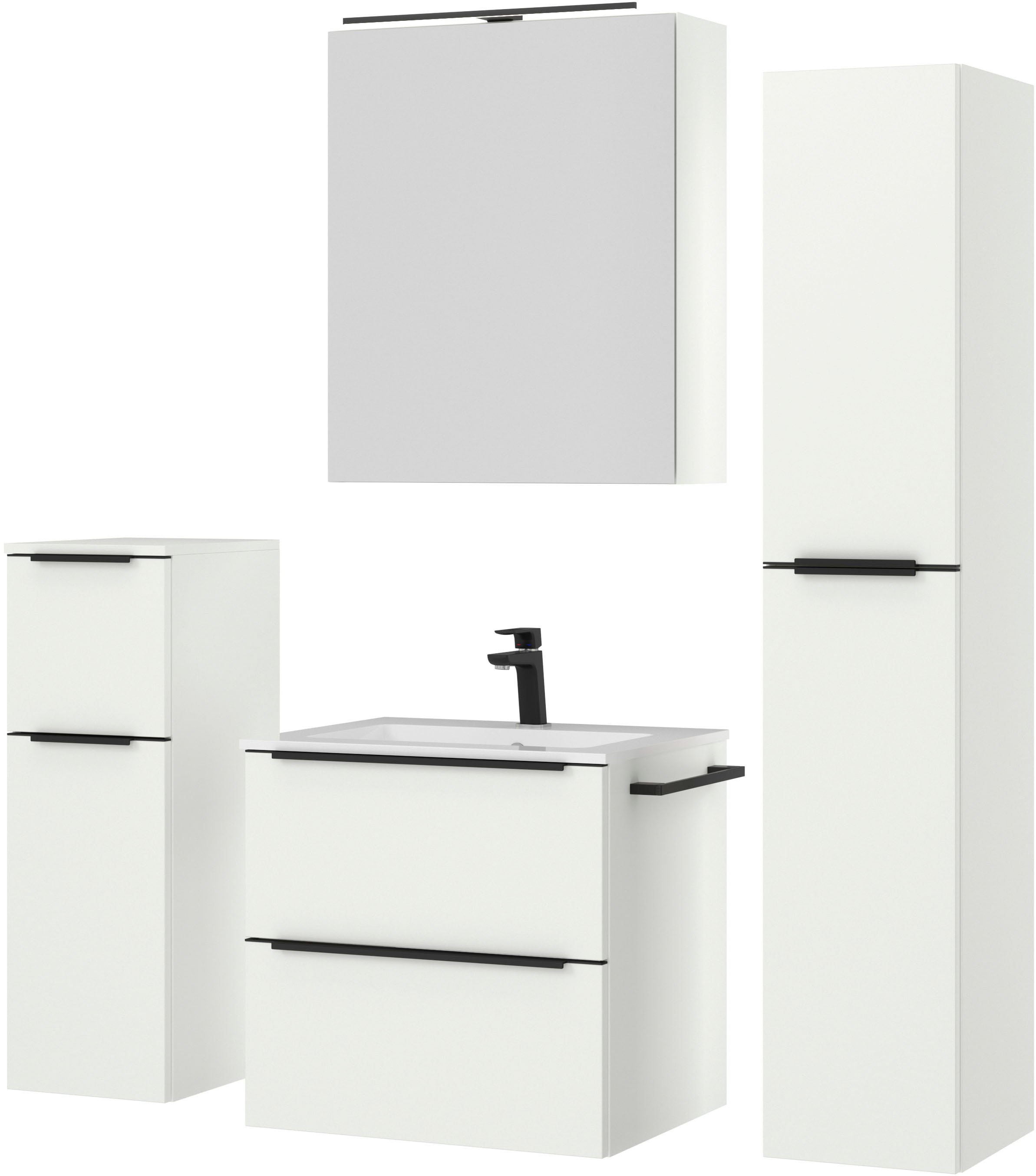 nobilia® Badmöbel-Set »Levere« vormontiert, mit Soft-Close, 4 Stk. tlg. inkl. Spiegelschrank mit Beleuchtung und Dimmerfunktion, in 4 Breiten