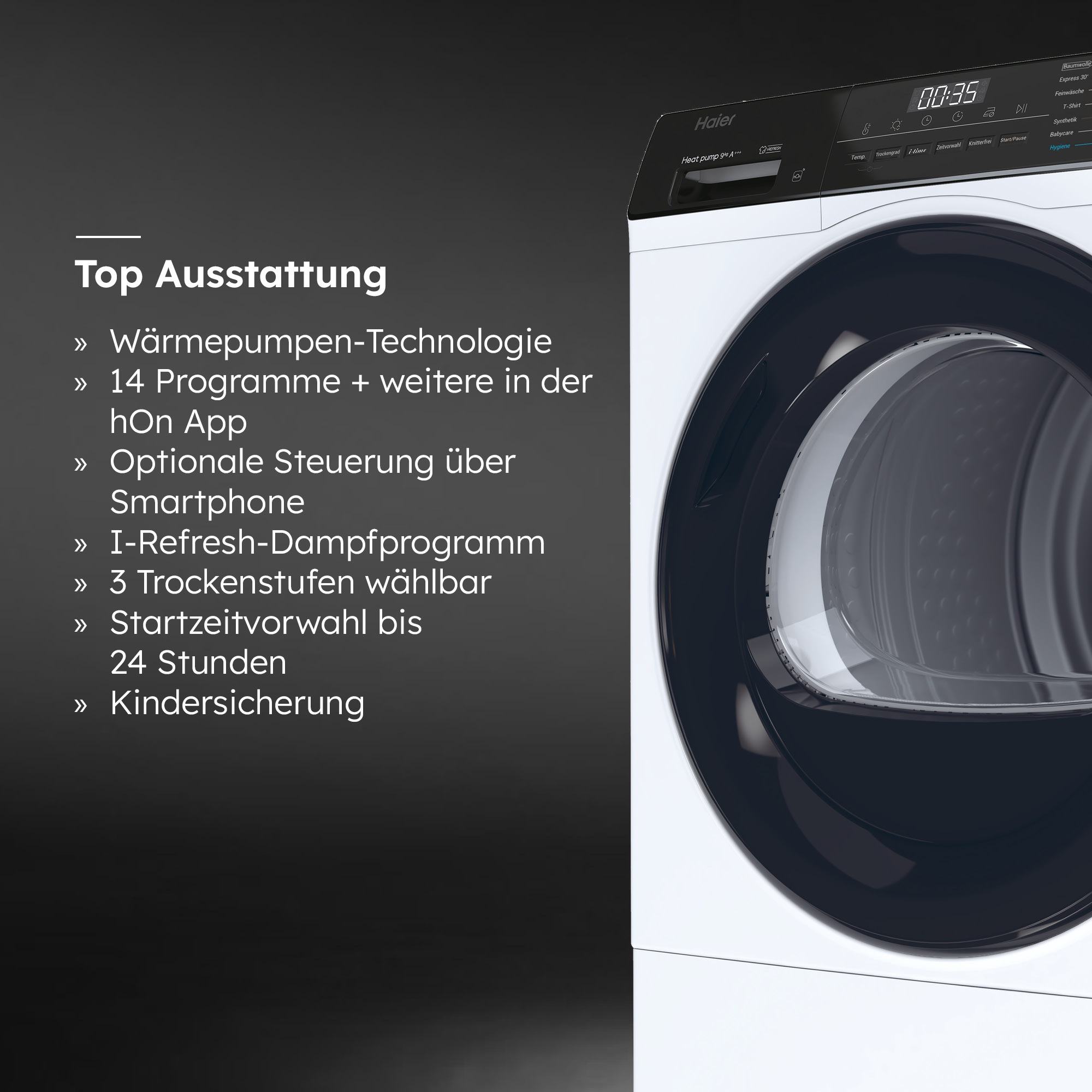 HAIER Wärmepumpentrockner "HD91-A3939E", Energieeffizienz: C (A-G), schwarz-weiß (weiß), B:59,6cm H:84,3cm T:65cm, Trockner, 9 kg, Extra Hygiene-Funktion, i-Refresh-Dampfprogramm 2