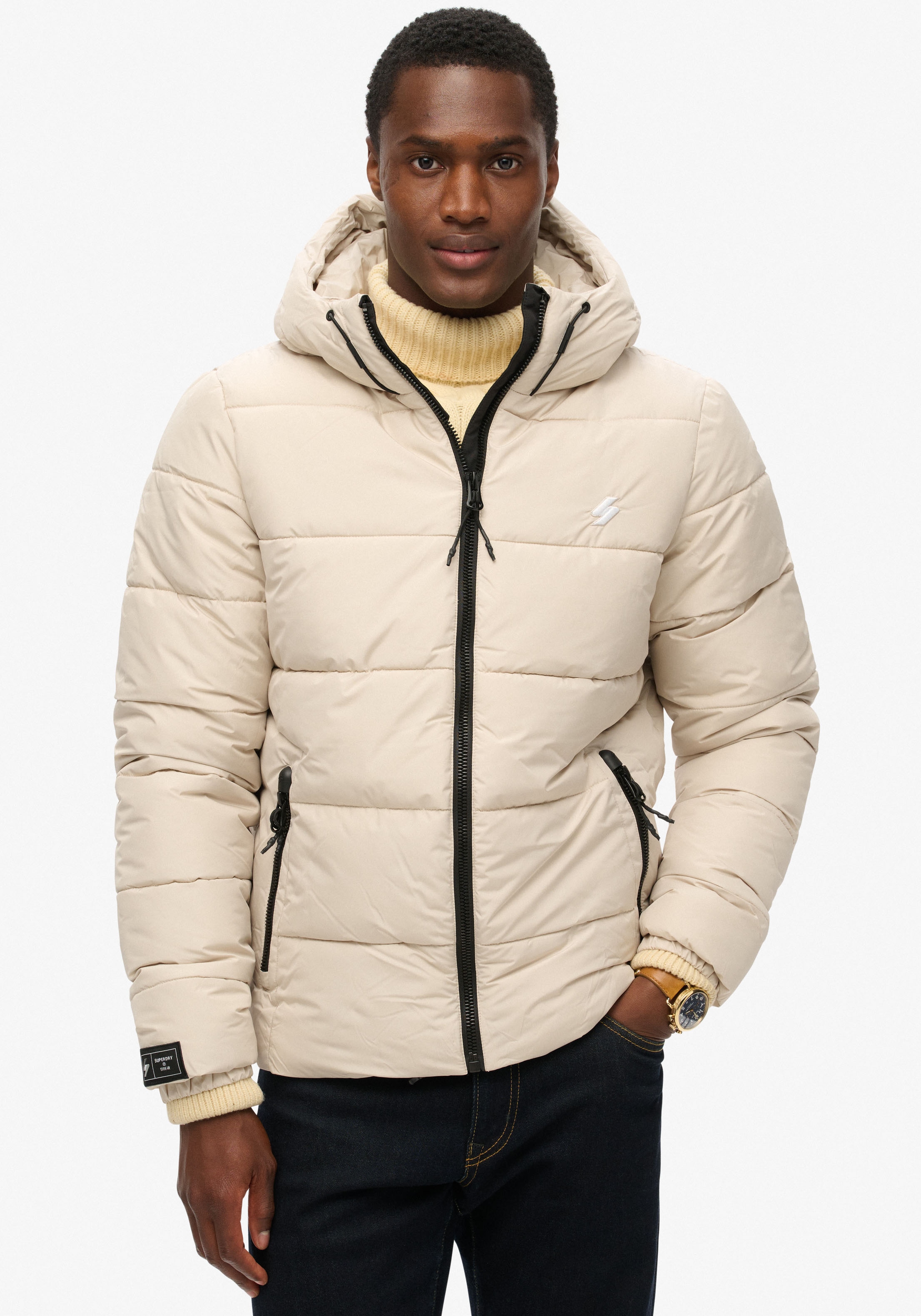 Superdry Steppjacke "HOODED SPORTS PUFFR JACKET", mit Kapuze, mit kontrastfarbener Stickerei