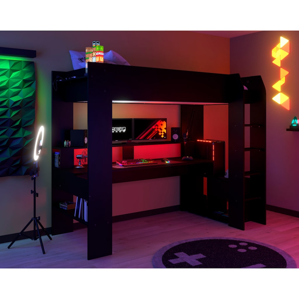 Parisot Hochbett »Gaming-Bett, mit Schreibtisch, USB Anschluss, LED, viel Stauraum«