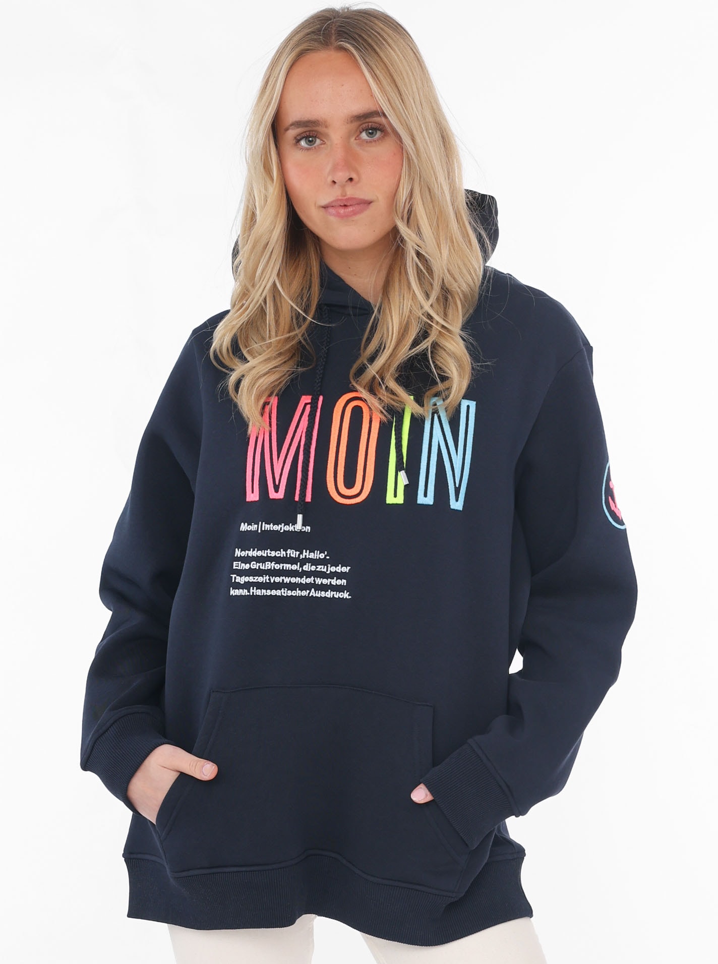 Zwillingsherz Sweatshirt, mit aufgesticktem „Moin“-Schriftzug in Neonfarben günstig online kaufen