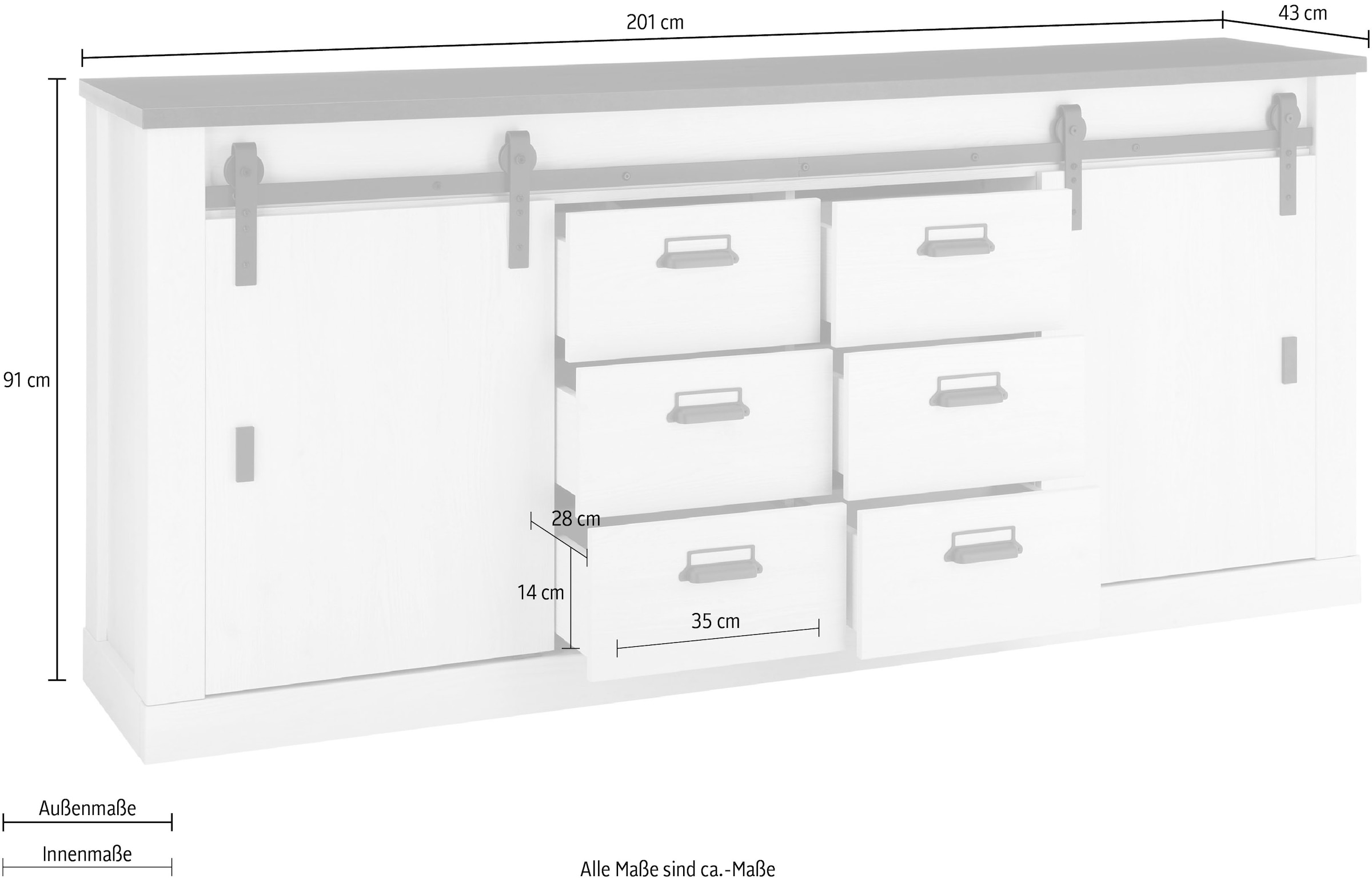 Home affaire aus Metall, »SHERWOOD«, 201 modernes Sideboard Breite cm Holz Scheunentorbeschlag mit BAUR | Dekor