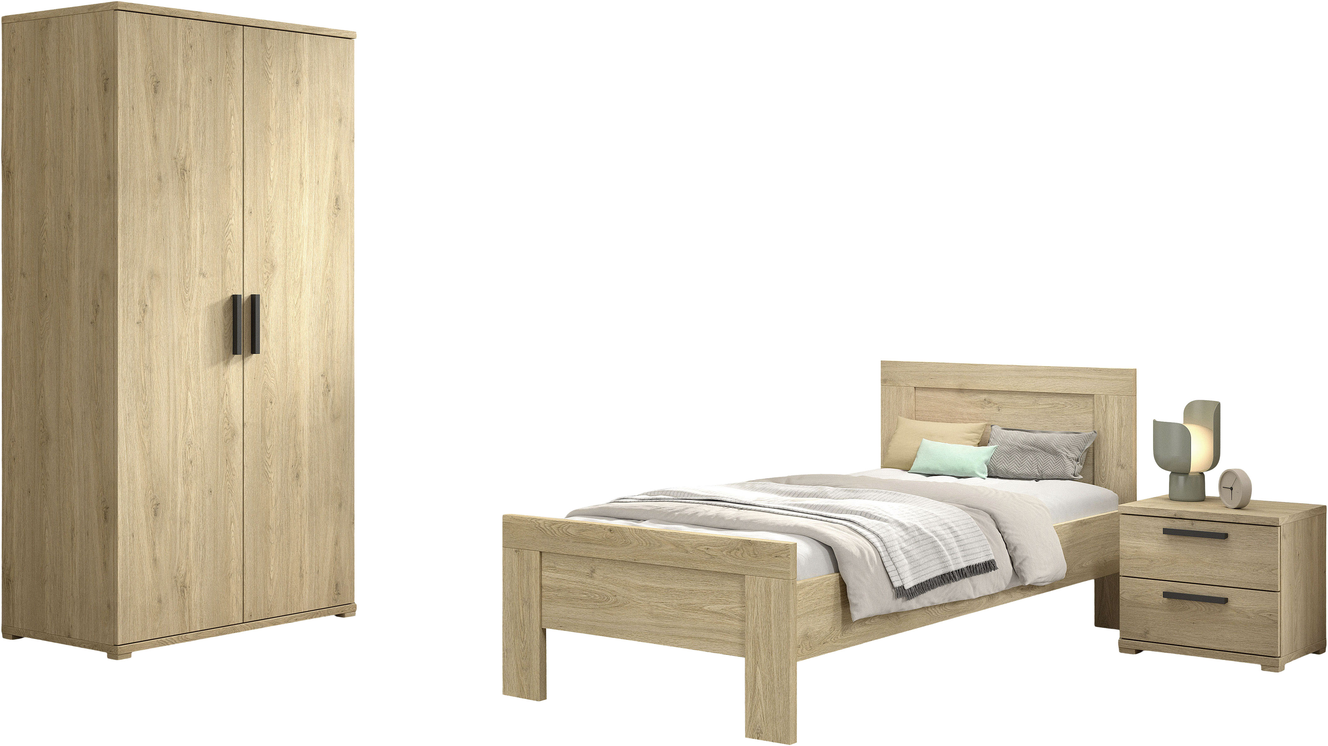 Vipack Jugendzimmer-Set "SAM - Bett, Nachtkonsole, Kleiderschrank 2-trg., gradliniges Design" Schubladen auf Metallauszug, Kleiderschrank 2-trg. mit viel Stauraum, 3 tlg. tlg.