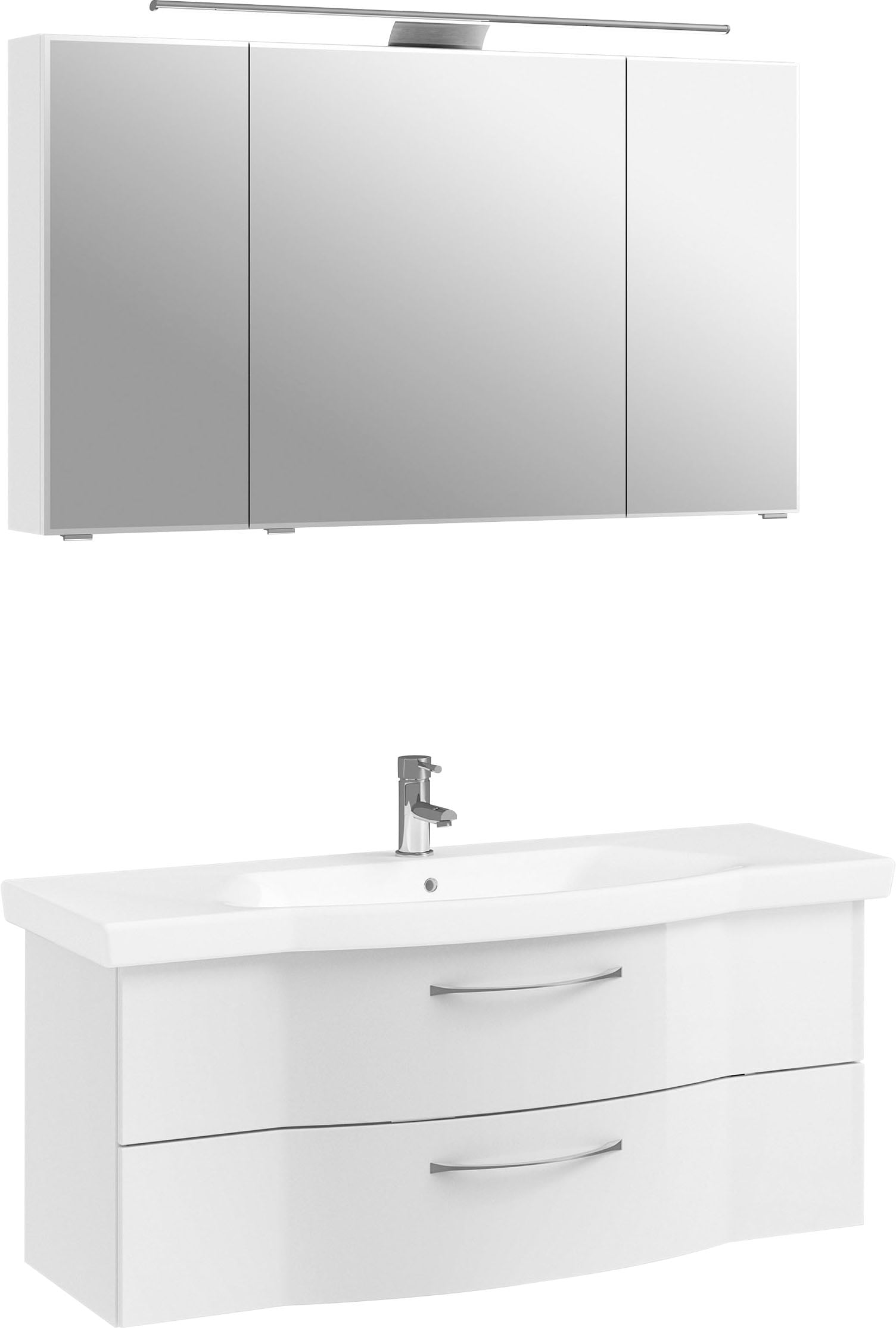 Saphir Badmöbel-Set »6005 Sprint Keramik-Waschtisch mit LED-Spiegelschrank, 122 cm breit«, (2 St.), Waschplatz inkl. Türdämpfer, 3 Türen, 2 Schubladen, Waschtisch Set