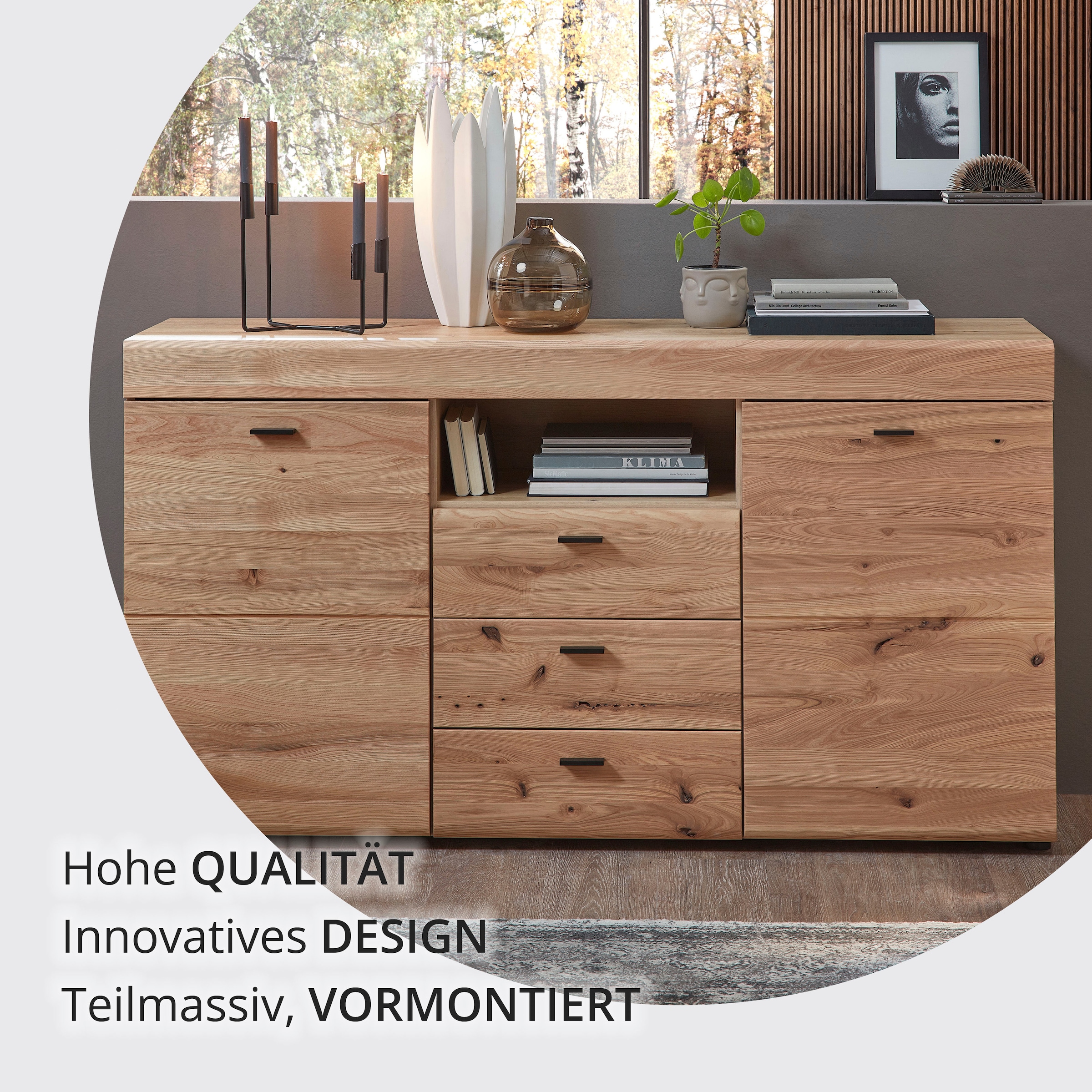 Wohnconcept Sideboard »Malaga Sideborad, 160x88x42 (BxHxT)« 1 Stk. tlg. Front Massivholz, 2 türig, 3 Schubladen, Softclose
