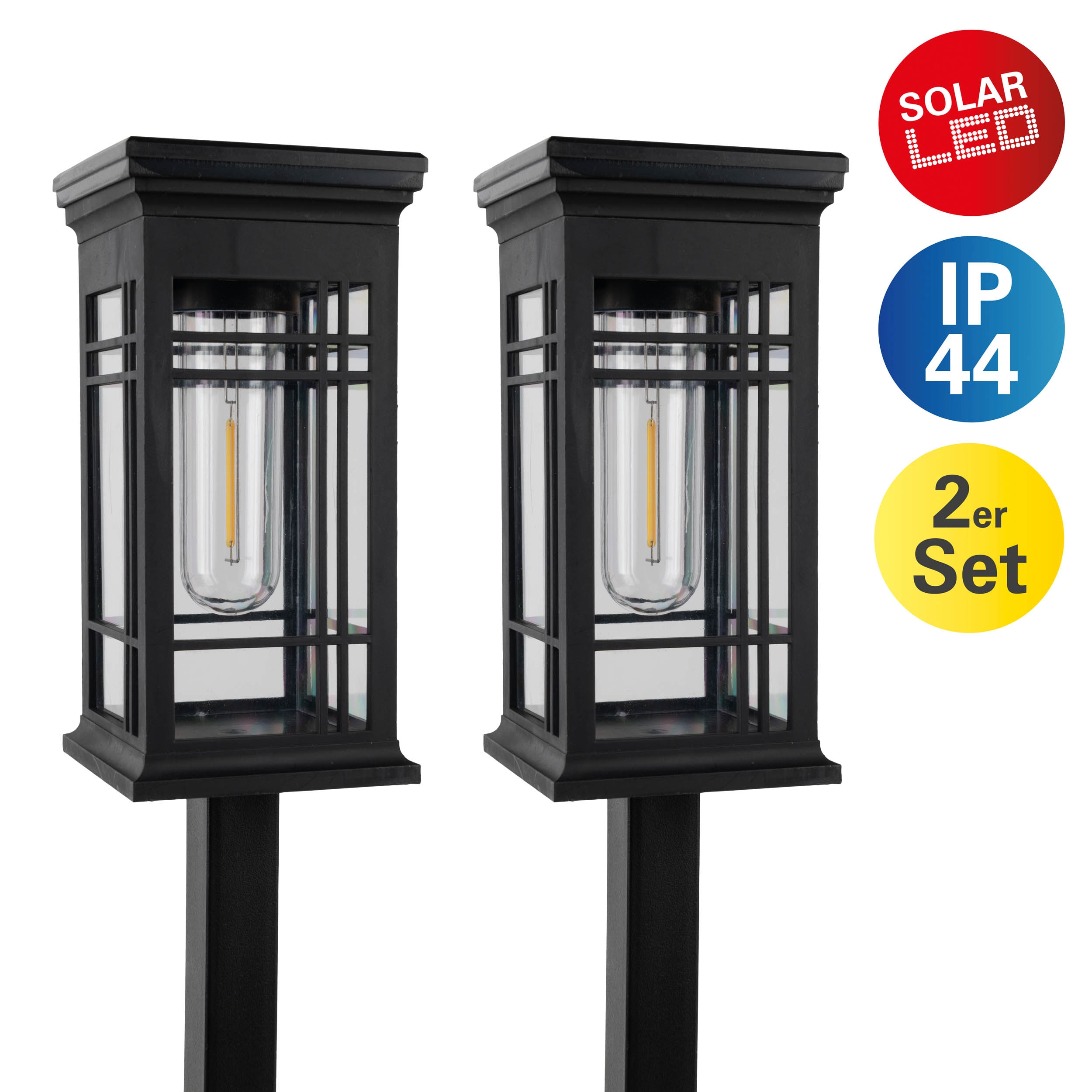 näve LED Solarleuchte "Baskara" LED-Modul 1 Stk. Warmweiß 2er-Set Dekoerdspieß Laterne schwarz, Schiebeschalter, H: 42cm, IP44