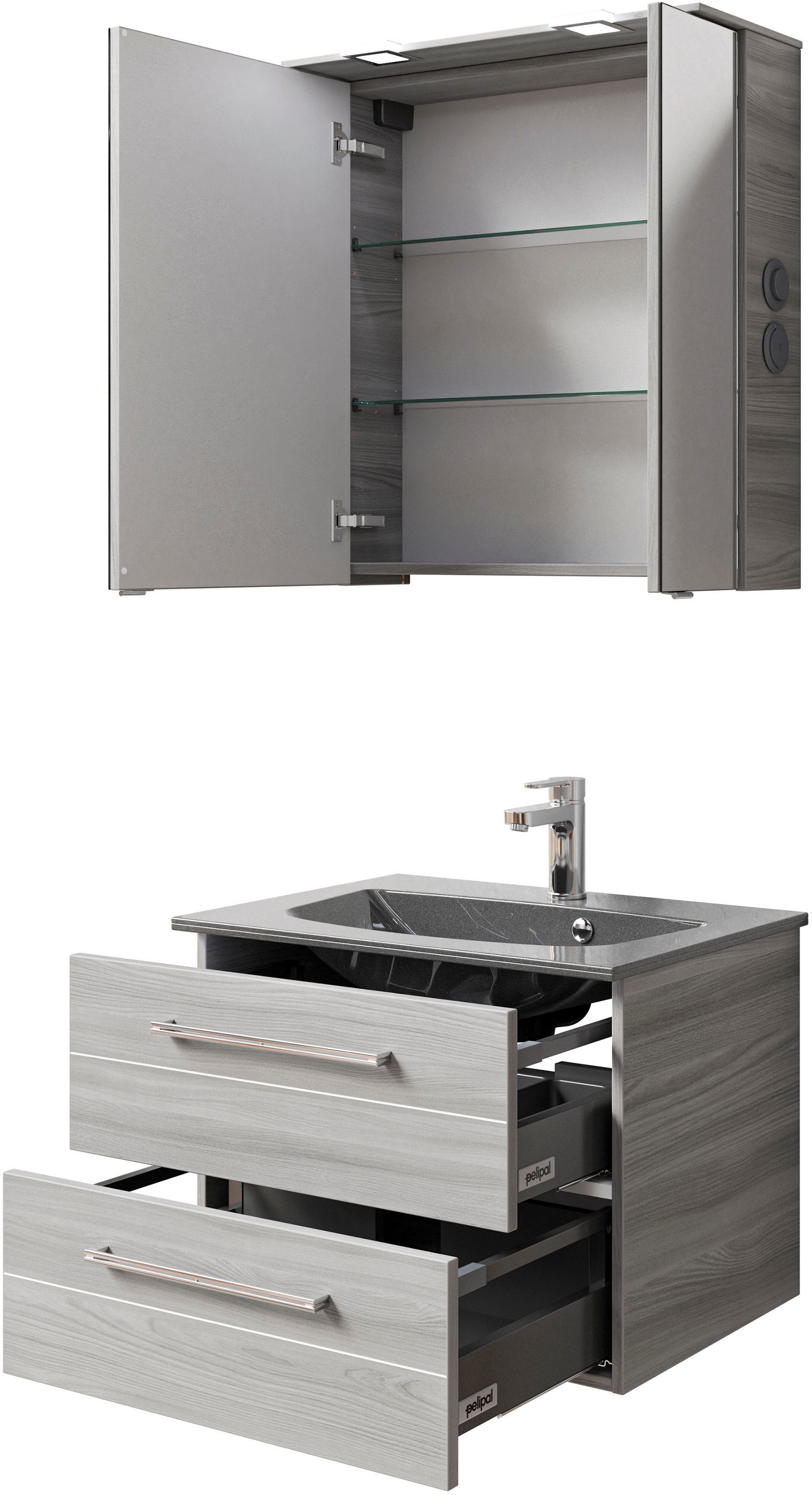 Saphir Badmöbel-Set »Serie 6025 2-teilig Mineralmarmor-Waschtisch mit LED-Spiegelschrank«, (2 St.), Waschplatz 67 cm breit, 2 Schubladen, 2 Spiegel-Türen, inkl Türdämpfer