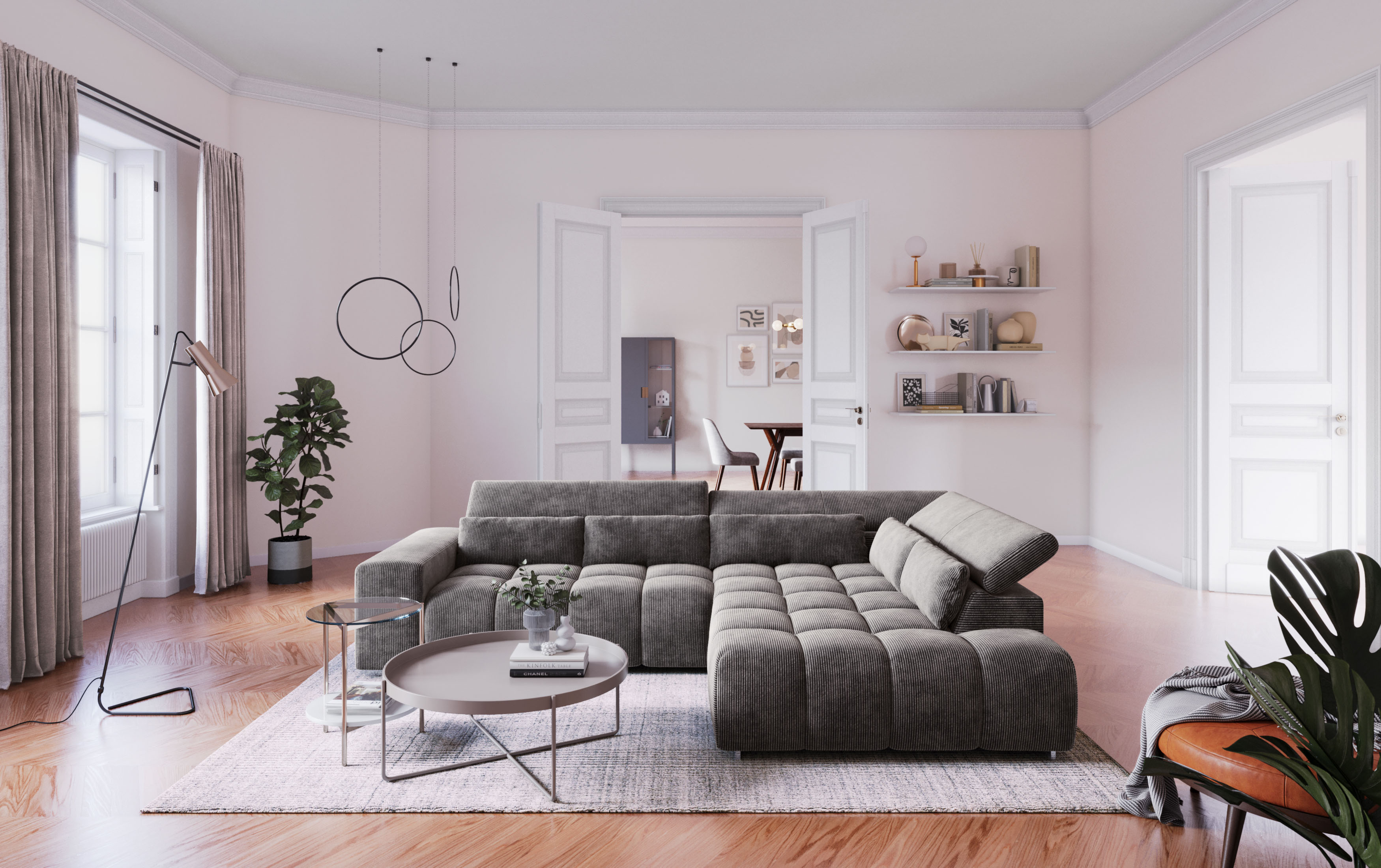 COTTA Ecksofa "Orion L-Form, B: 310 cm, moderne Steppung, bequeme Wellenunterfederung" Kopfteilverstellung & 5 Nierenkissen