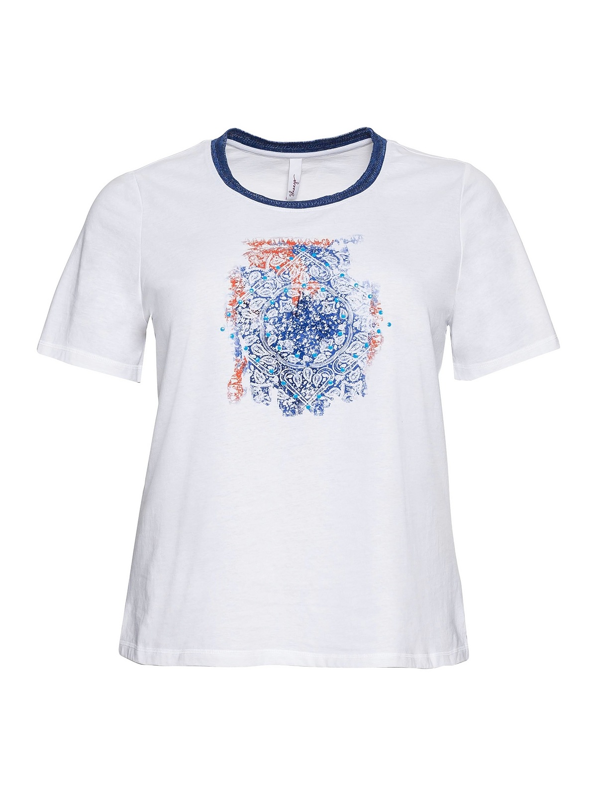 Sheego T-Shirt »Große modischem mit | für Größen«, bestellen BAUR Ausschnitt am und Frontdruck Effektgarn