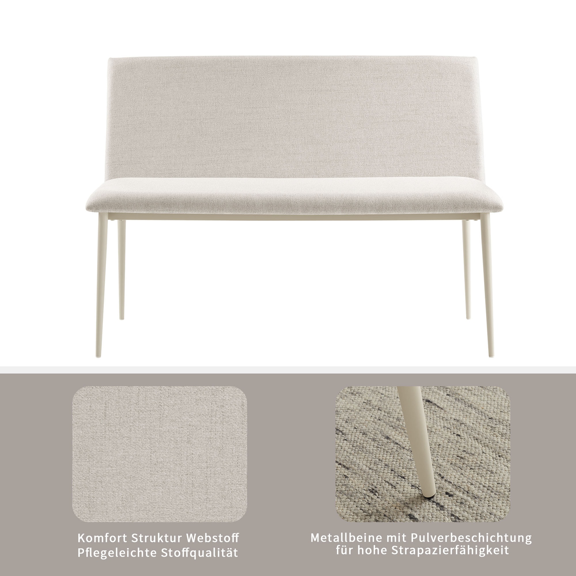 OTTO home Essgruppe »Kryce« Set, 120 cm Esstisch + 2 Stühle + Bank, 4 Stk. tlg. Strukturstoff, robustem Metallgestell, Tischplatte aus Sinterstein