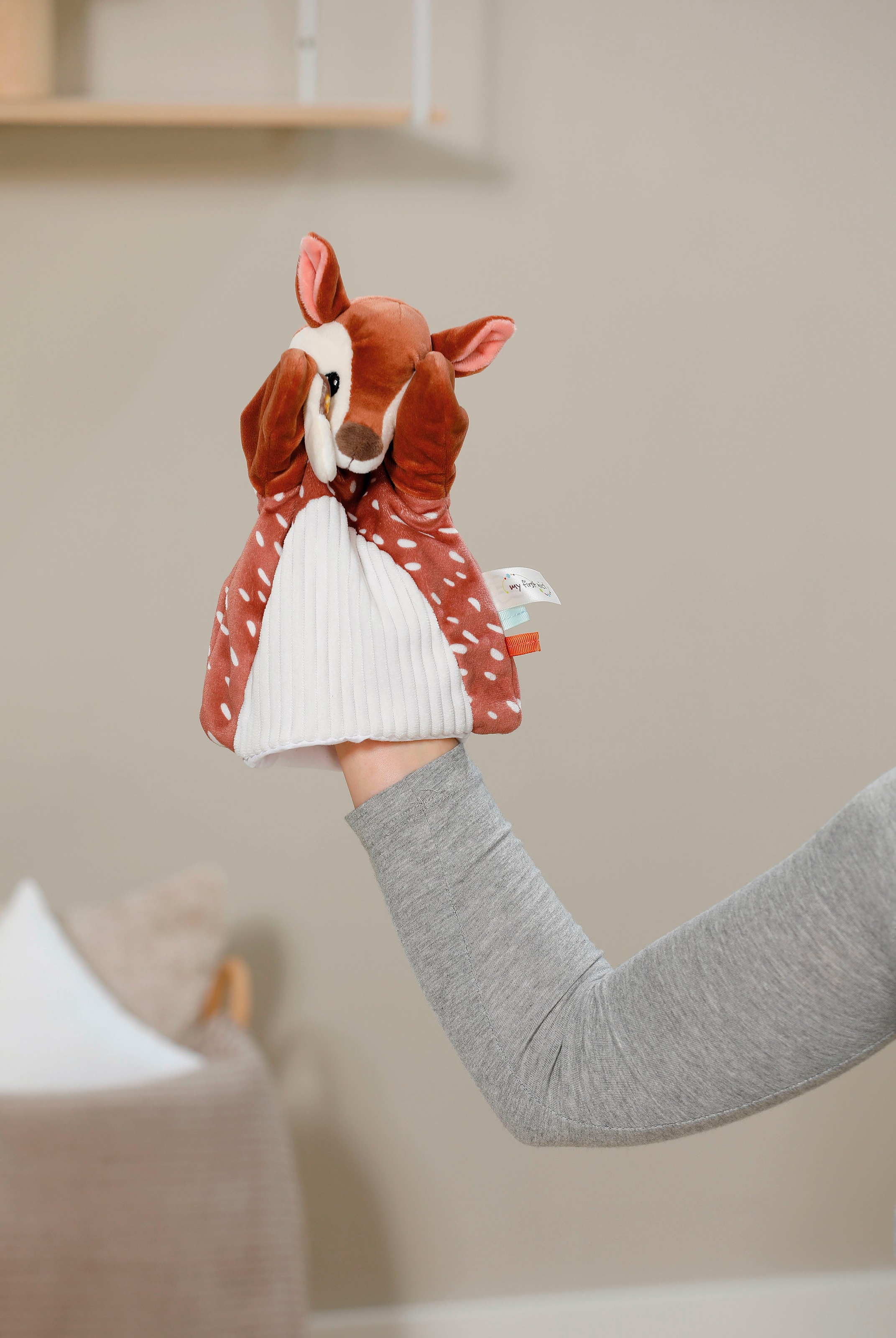Nici Schmusetuch »My first NICI, Handpuppe Rehkitz 2in1 26x25 cm«, sanfte Materialmix aus glattem und geripptem Plüsch