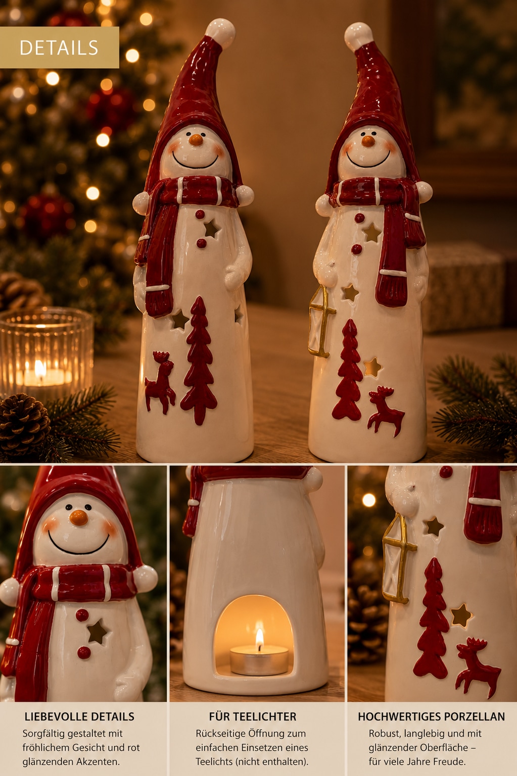 OTTO home Teelichthalter »Deko Weihnachten Eeske, aus Porzellan detailreich bemalt« Schneemänner klassisch rot-weiß, jeweils ca.31cm hoch