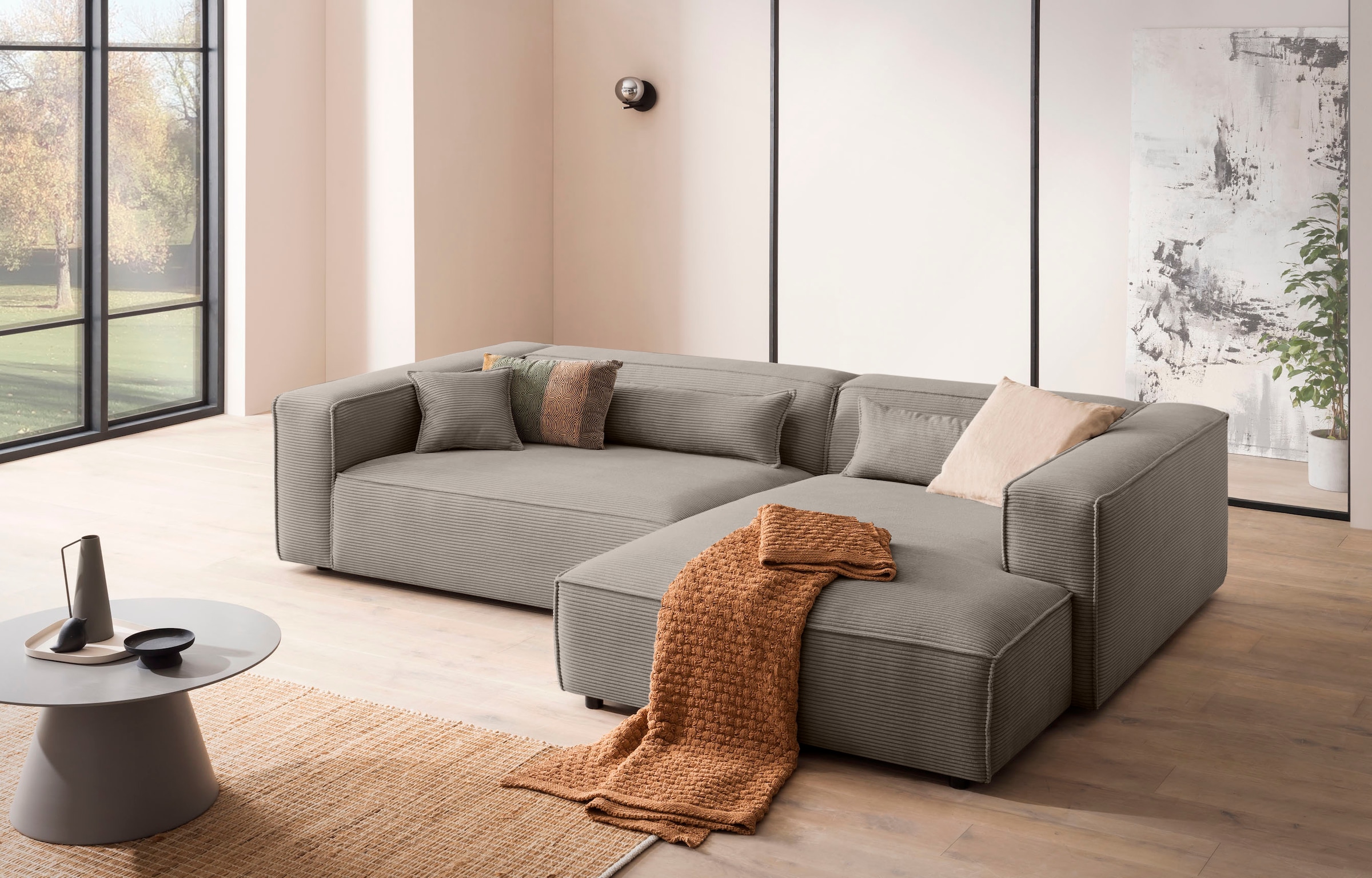 LeGer Home by Lena Gercke Ecksofa »PIARA XXL, Big-Sofa in Cord oder Leinenoptik, L-Form, mit Kedernaht«, wahlweise Ottomane rechts/links, schwarze Füße, bequemer Sitzkomfort