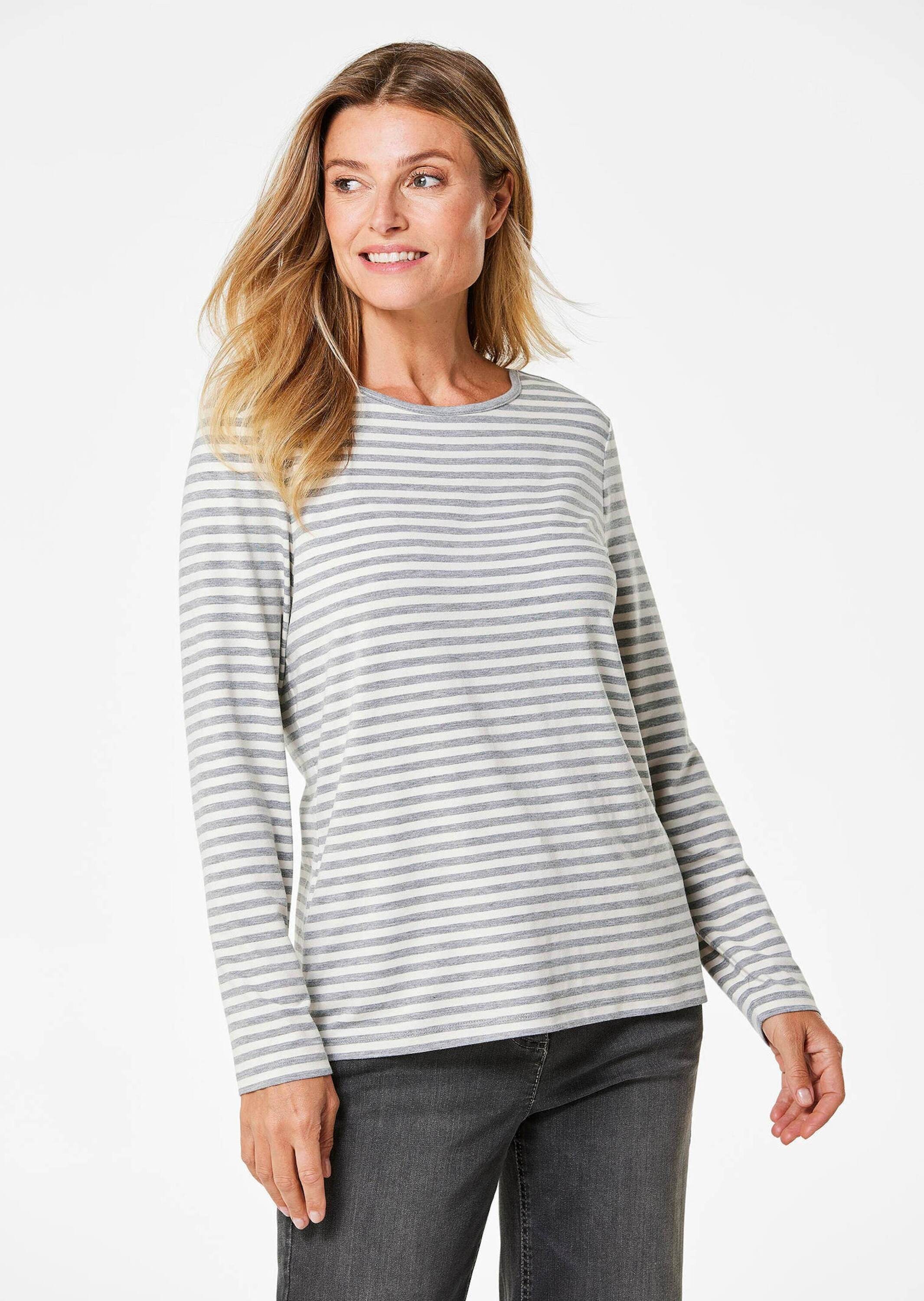 Longpullover GOLDNER "Kurzgröße Ringelshirt mit U-Boot-Ausschnitt", Damen, Gr. 24, beige (graumelange, cremeweiß, geringelt), Obermaterial: 92% Viskose CV. 8% Elasthan EL., Sonstiges, Pullover Longpullover, Ohne 2