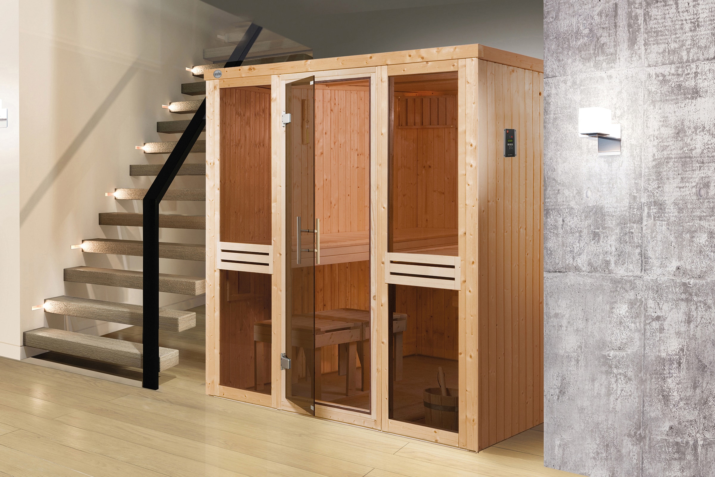 weka Sauna »Elementsauna KAARINA 2«, platzsparende Nischensauna, 2 Fensterelemente, moderne Ganzglastür