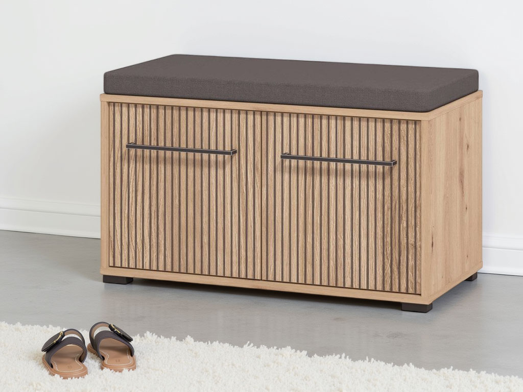 Home affaire Schuhbank "Landes, Schuhschrank mit Sitzkissen, innen 2 Fächer, Schuhregal" Breite 80 cm, Artisan Eiche, Front mit schwarzen Streifen