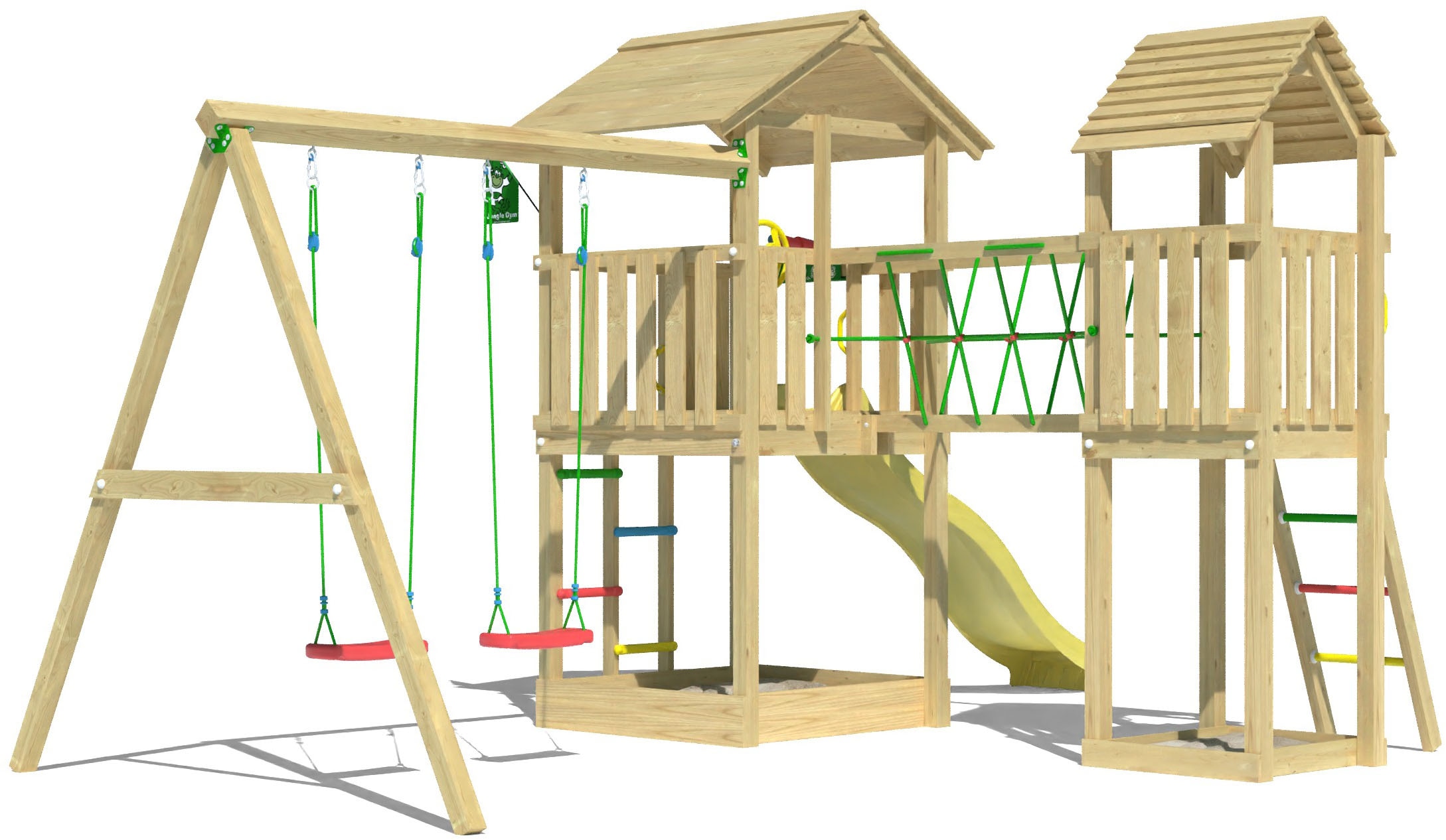 JUNGLE GYM Kinder Spielturm "Nova", gelb, Holzwerkstoff, B:524cm H:280cm T:350cm, Spieltürme, Spielanlage mit 2 Türmen, Schaukel und Rutsche mit