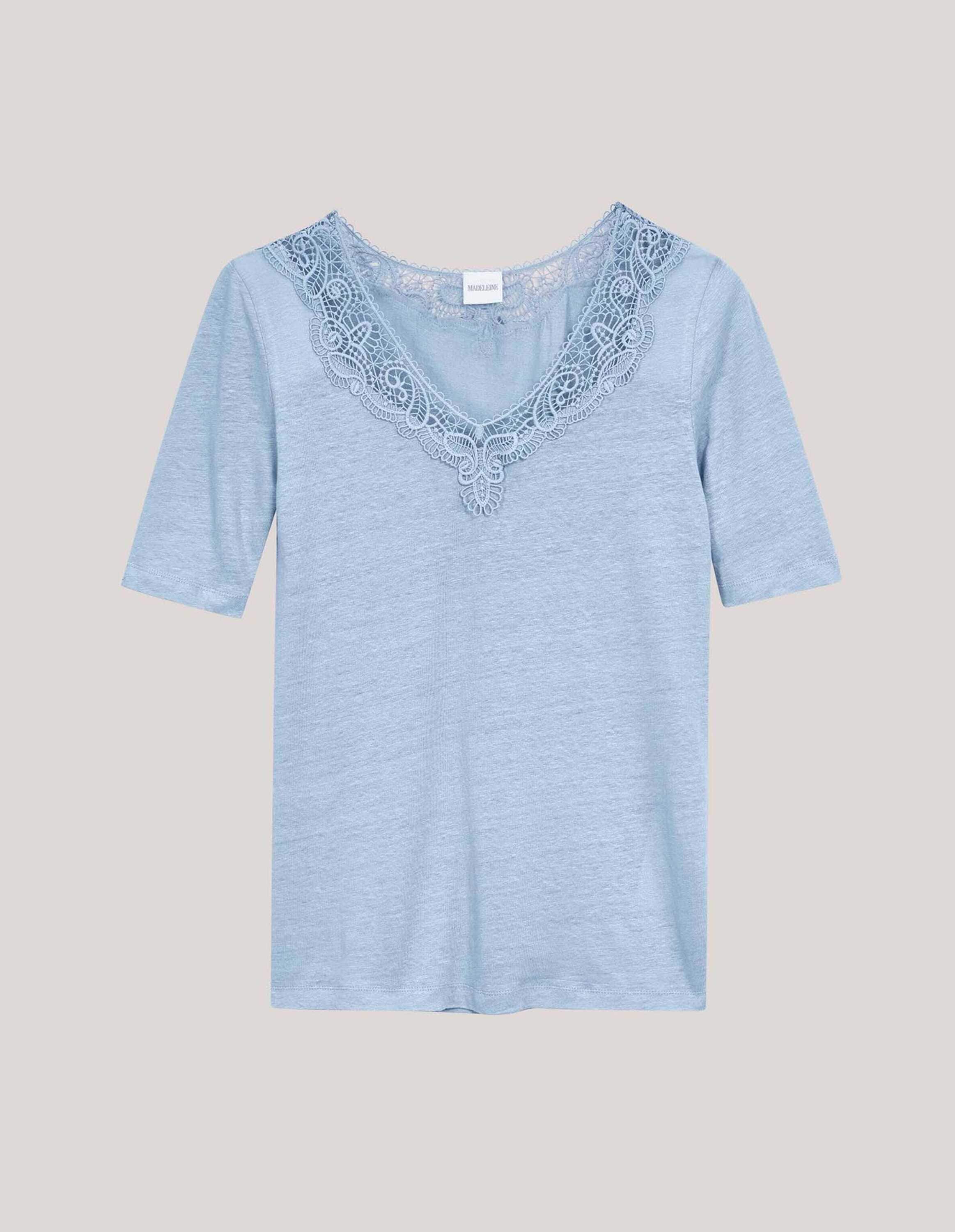 MADELEINE Kurzarmshirt "Shirt Kurzarm Leinen-Shirt mit Spitzenbesatz"