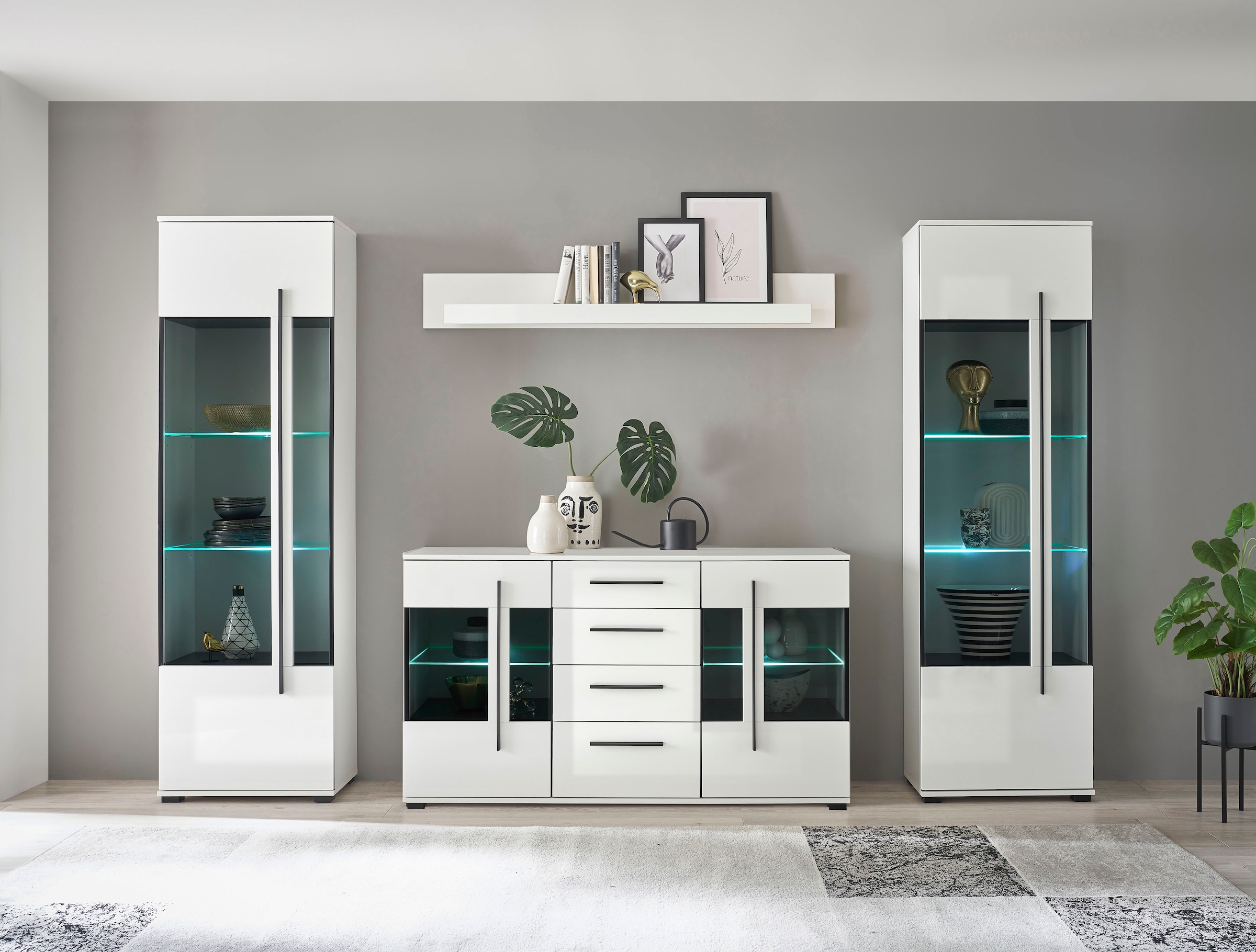 INOSIGN Wohnwand »Cantara, moderne Anbauwand, Wohnzimmer-Set, in Eiche Evoke oder Weiß«, (Set), enthält zwei Vitrinen, ein Sideboard und ein Wandboard