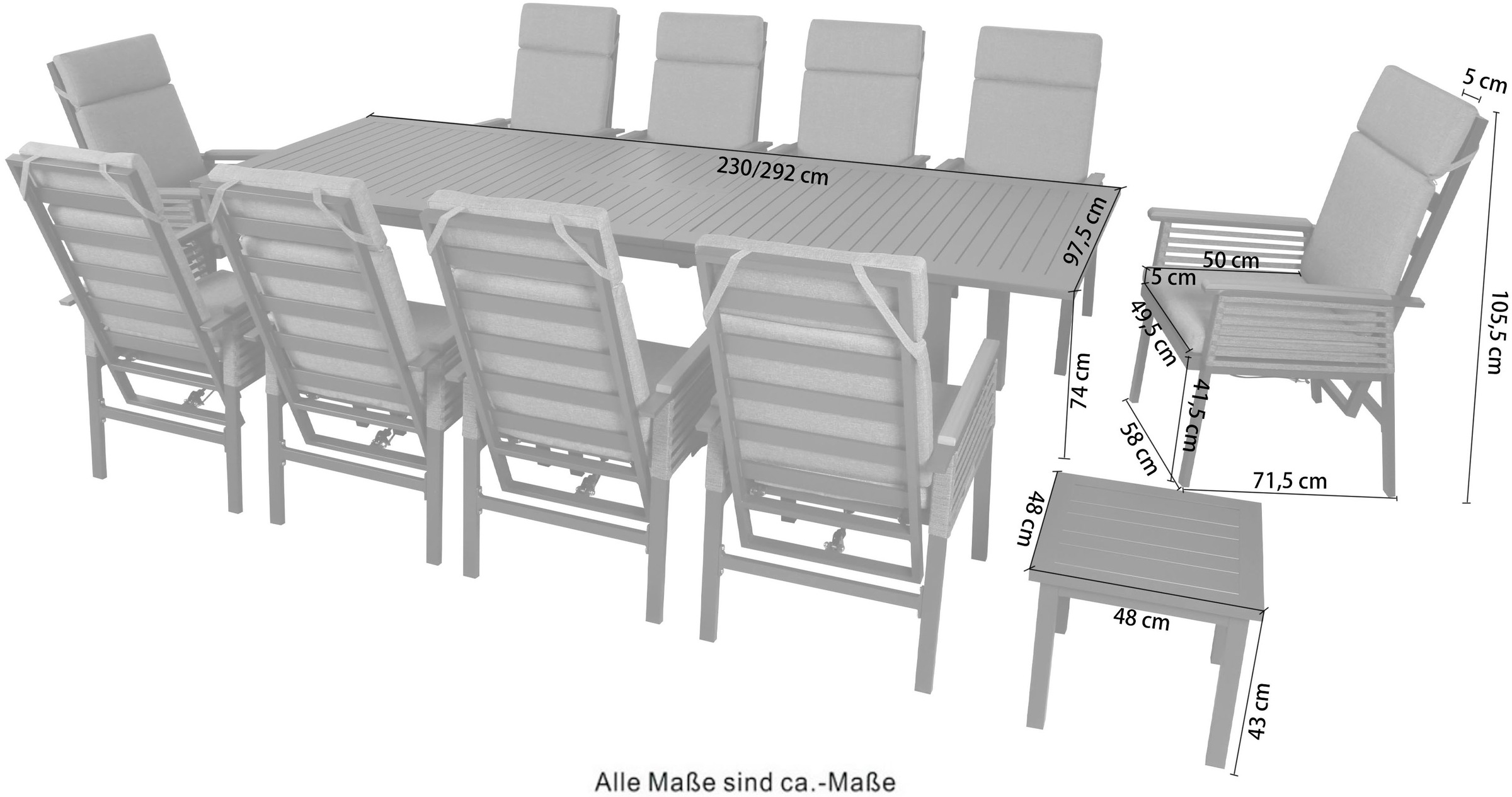 KONIFERA Garten-Essgruppe »Edessa Komfort« Set, 10x Sessel, 10x Auflagen, 1x Tisch groß, 1x Tisch klein, 22 tlg. tlg. inkl. 10 Sessel, 10 Sitzkissen, 1 Ausziehtisch, 1 Beistelltisch