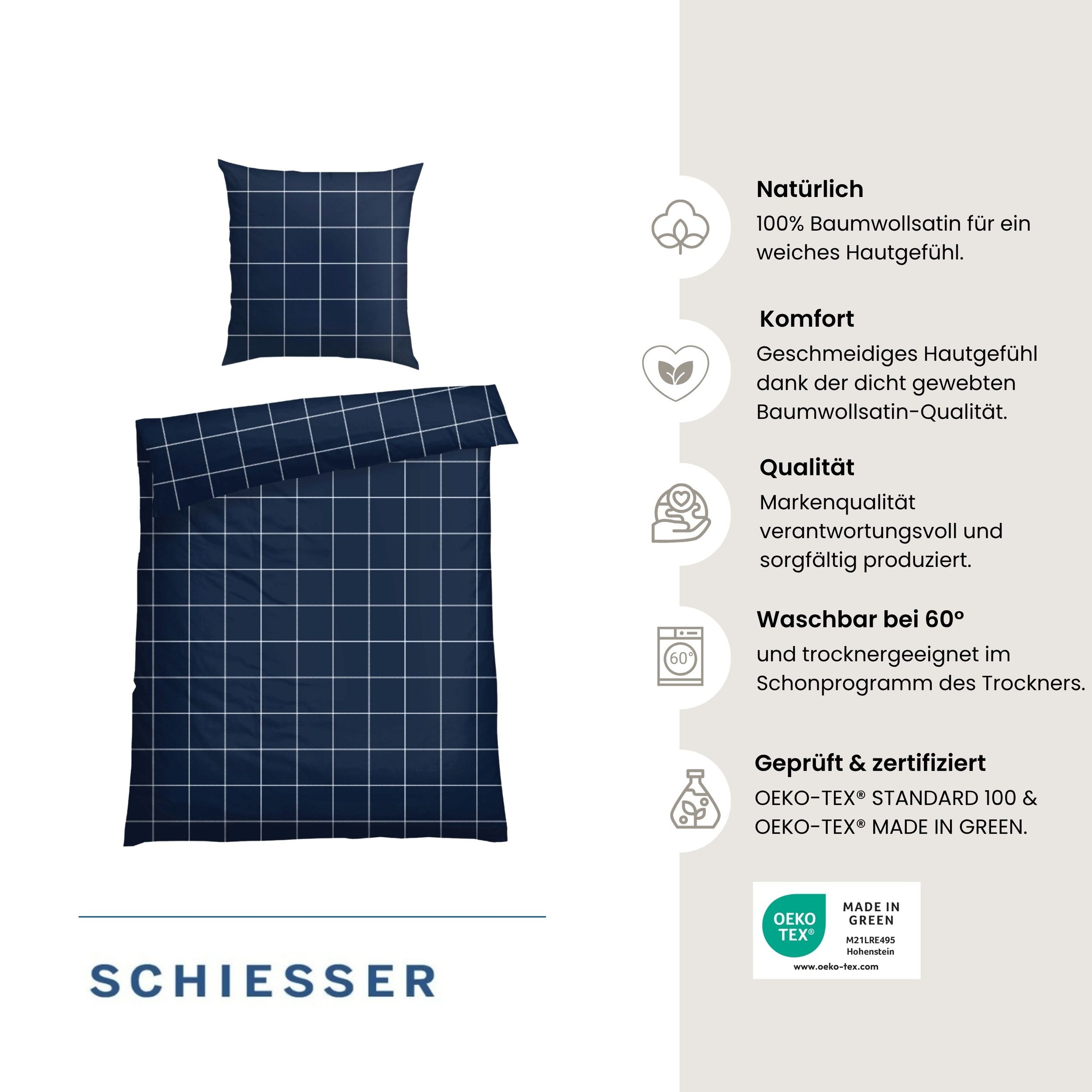 Schiesser Bettwäsche »Josh aus weichem Baumwoll-Satin mit kariertem Muster« 2 Stk. OEKO-TEX® MADE IN GREEN