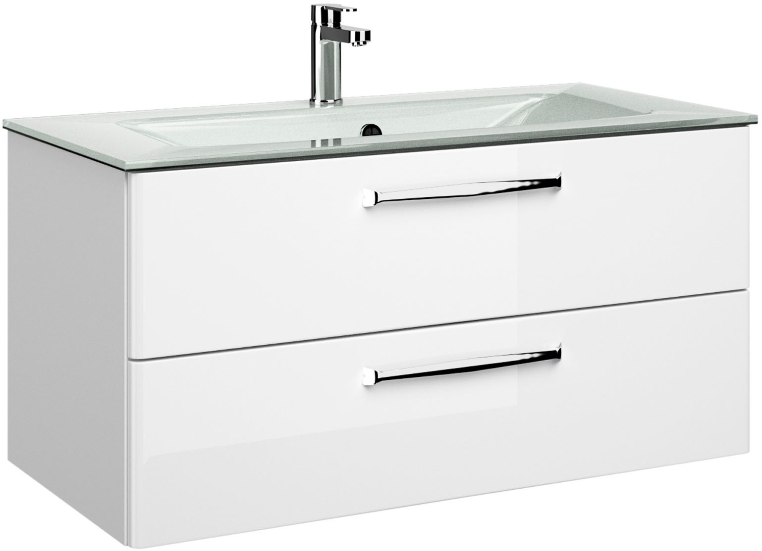 Saphir Badmöbel-Set »Trentino 2-teilig Glas-Waschtisch, Spiegelschrank mit LED-Leuchte«, (3 St.), Badmöbel-Set 107cm breit, inkl. Türdämpfer, 3 Türen, 2 Auszügen
