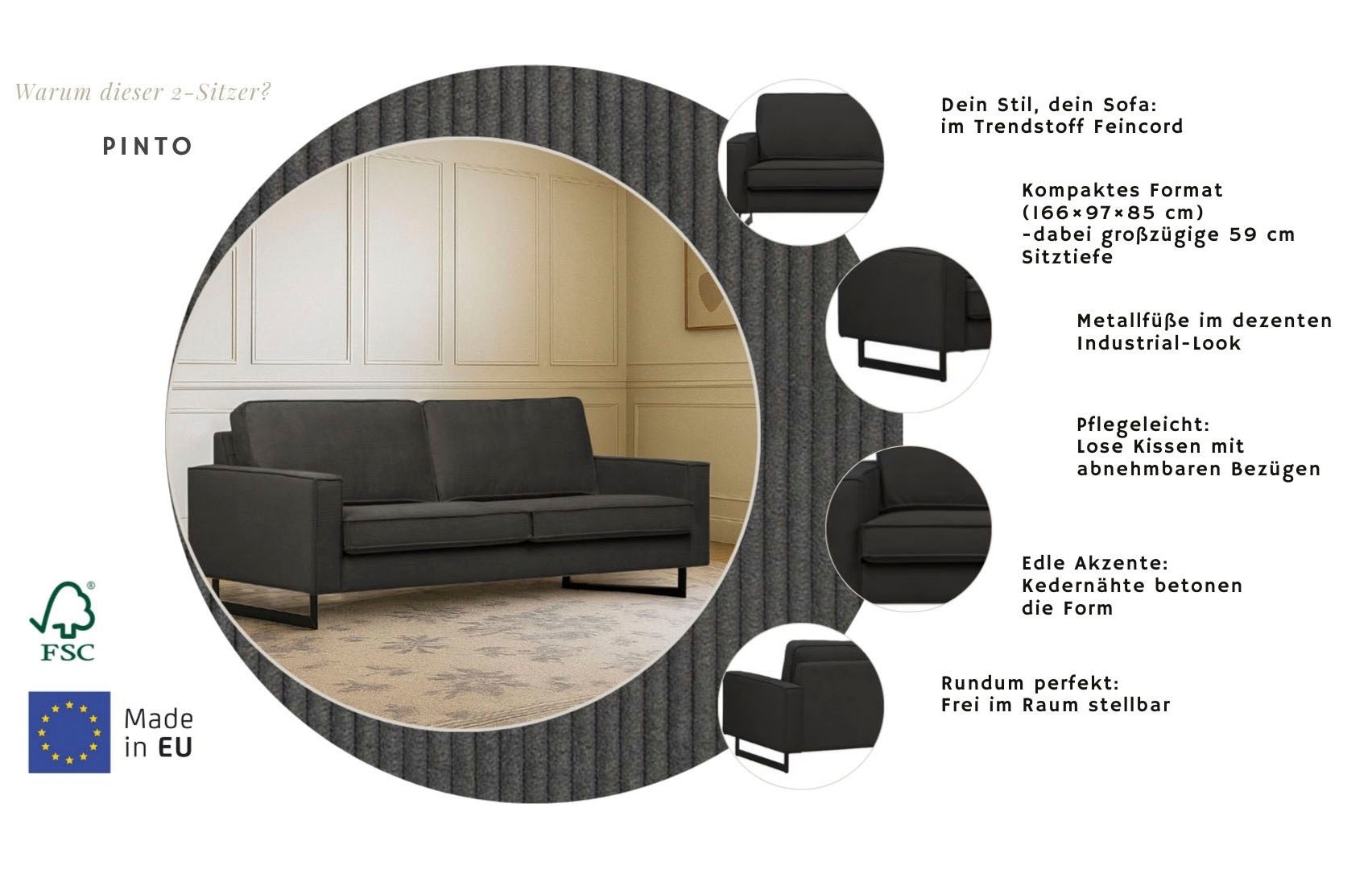 Home affaire 2-Sitzer »Pinto, 166 cm, Cord, Chenille, Lederoptik« mit Keder, schwarze Metallfüße, Wellenunterfederung