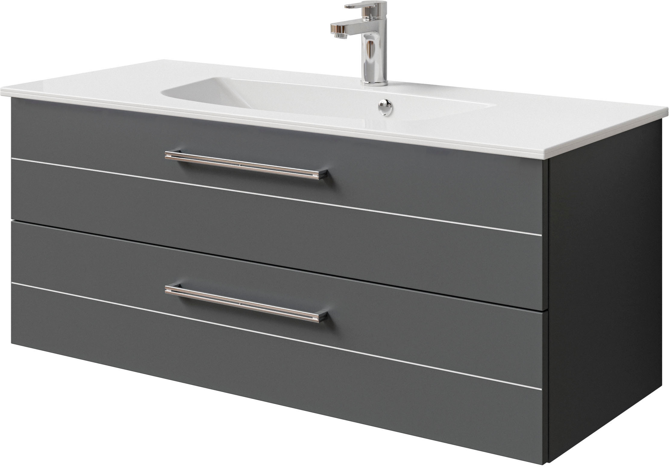 Saphir Badmöbel-Set »Serie 6025 2-teilig Mineralmarmor-Waschtisch mit LED-Spiegelschrank«, (2 St.), Waschplatz 117cm breit, 2 Schubladen, 3 Spiegel-Türen, inkl Türdämpfer