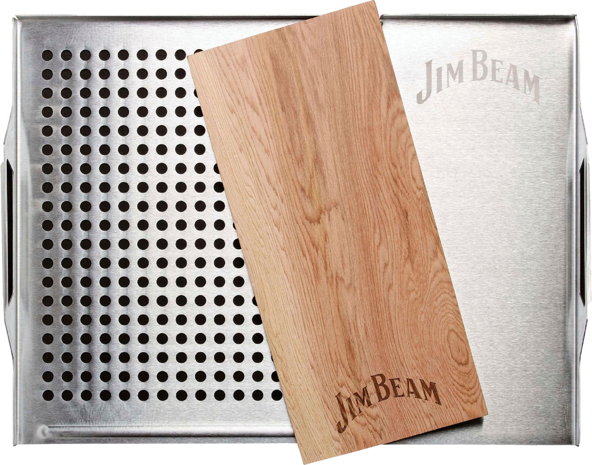 Jim Beam BBQ Grillerweiterung »Edelstahl-Platte«, (Set), 59x30 cm, mit Zedernholz Räucherbrett für Grillgut, Fisch, Gemüse