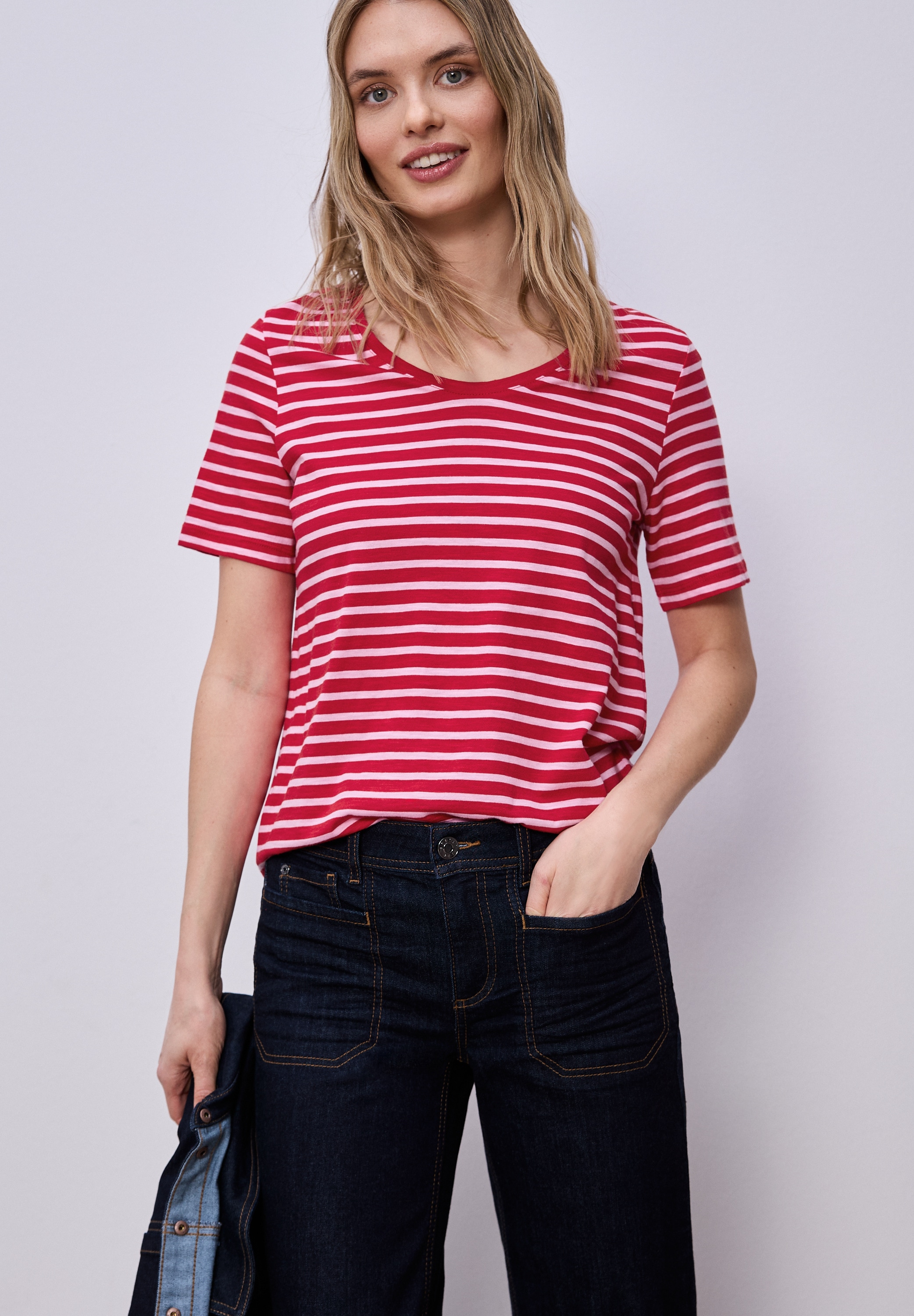 Kurzarmshirt STREET ONE "Style Gerda", Damen, Gr. 38, salsa rot, Jersey, Obermaterial: 50% Baumwolle, 50% Modal, geringelt, gestreift, normal hüftbedeckend, Rundhals, Shirts, im Streifen-Look und mit Rundhals
